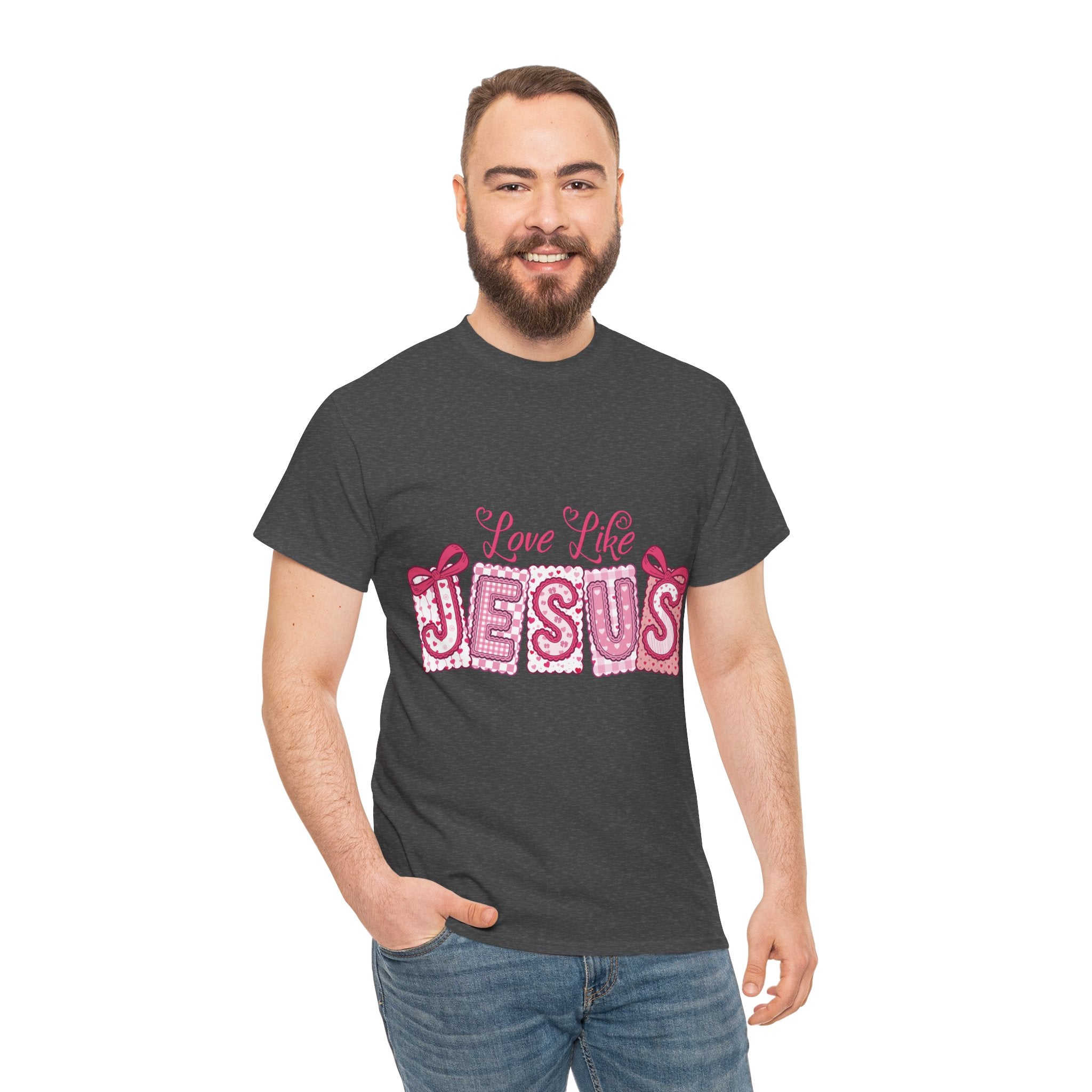 Love Like Jesus Patchwork Tee — Pink Stitched Heart Graphic.Unisex Cotton Tee