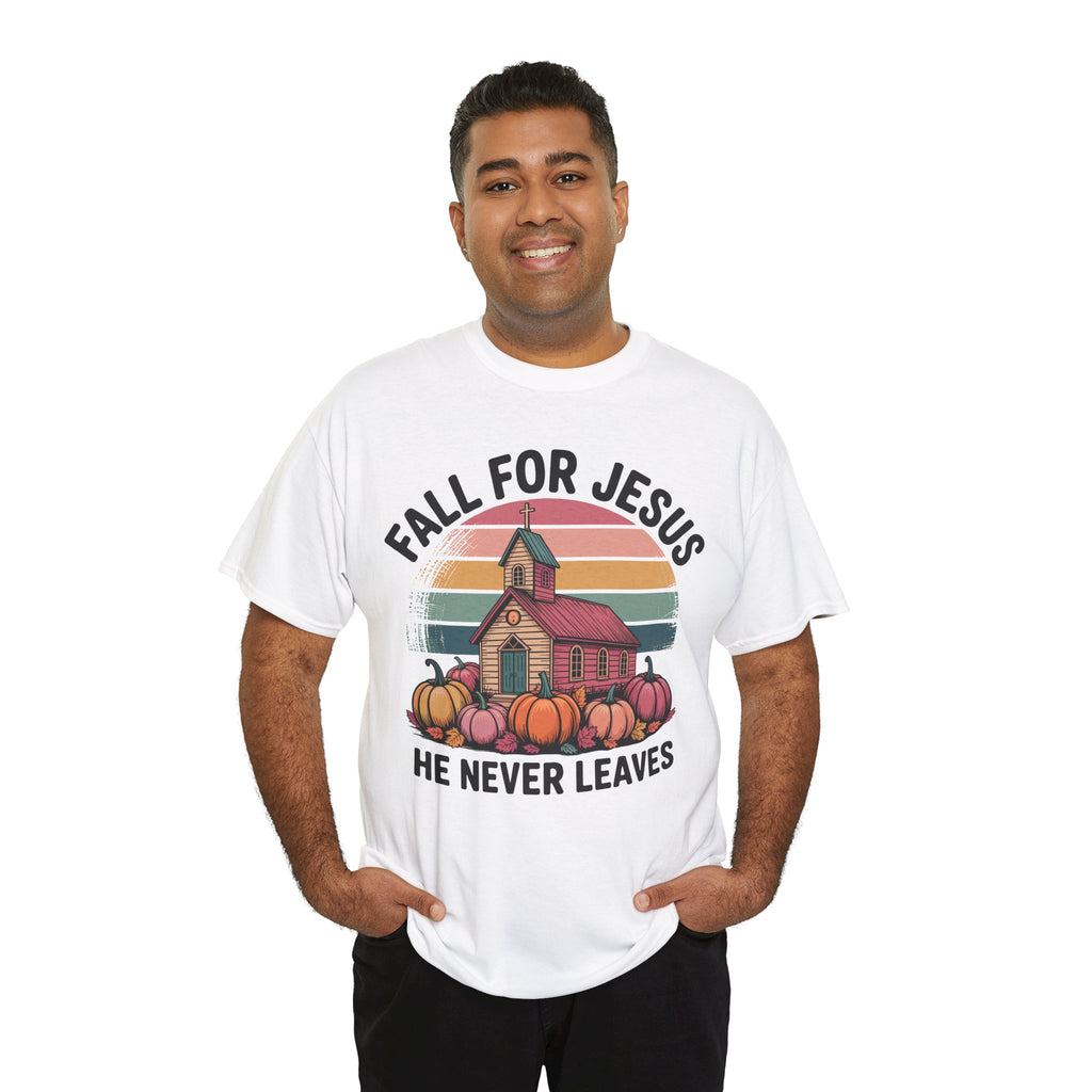 Jesus Leopard Print Fall T-Shirt — Pumpkins, Leaves & Floral Faith Unisex Cotton Tee