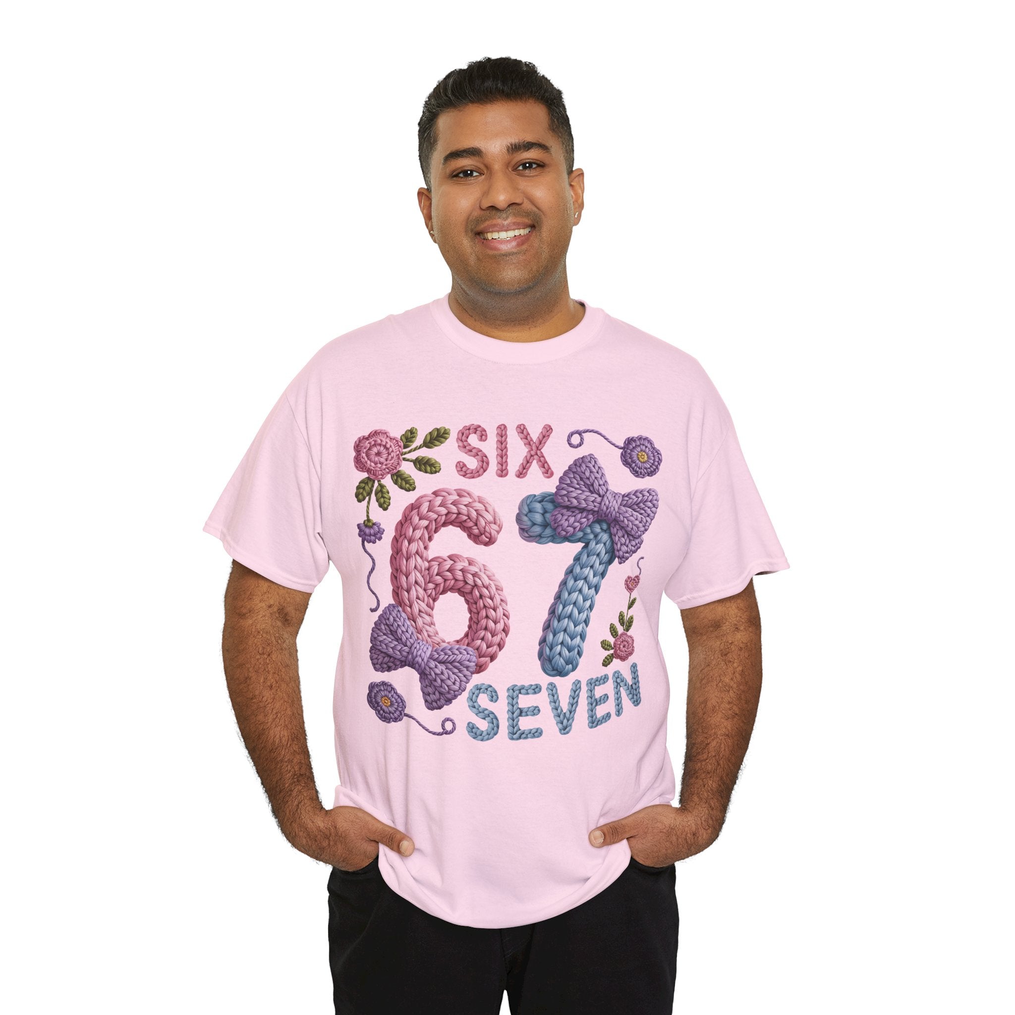 Pastel Crochet Numbers 6 & 7 Tee — Faux-Yarn Bows & Flowers. Unisex Cotton Tee