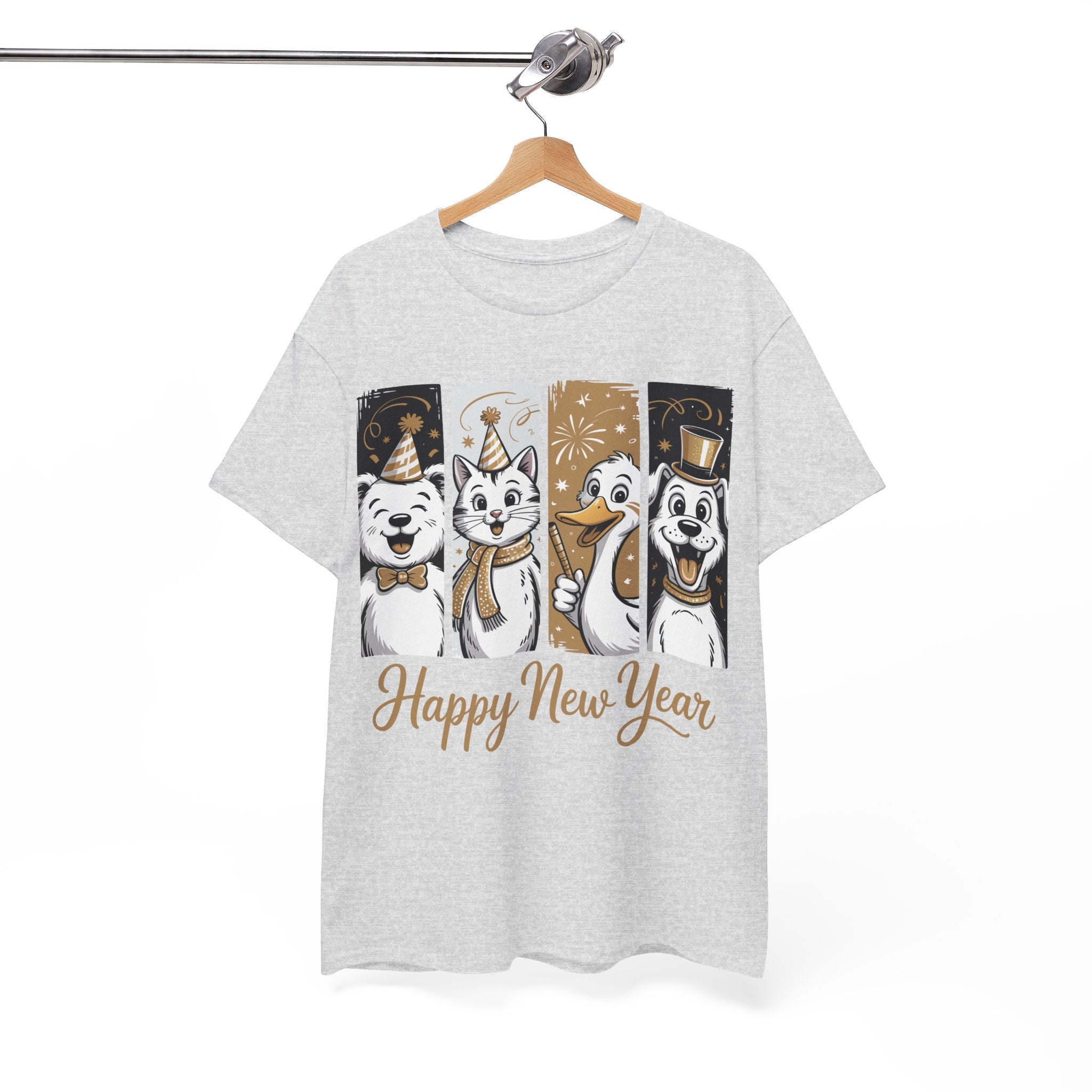 Happy New Year Party Animals T-Shirt — Cute Smiling Animals in Party Hats & Gold Fireworks..Unisex Cotton Tee