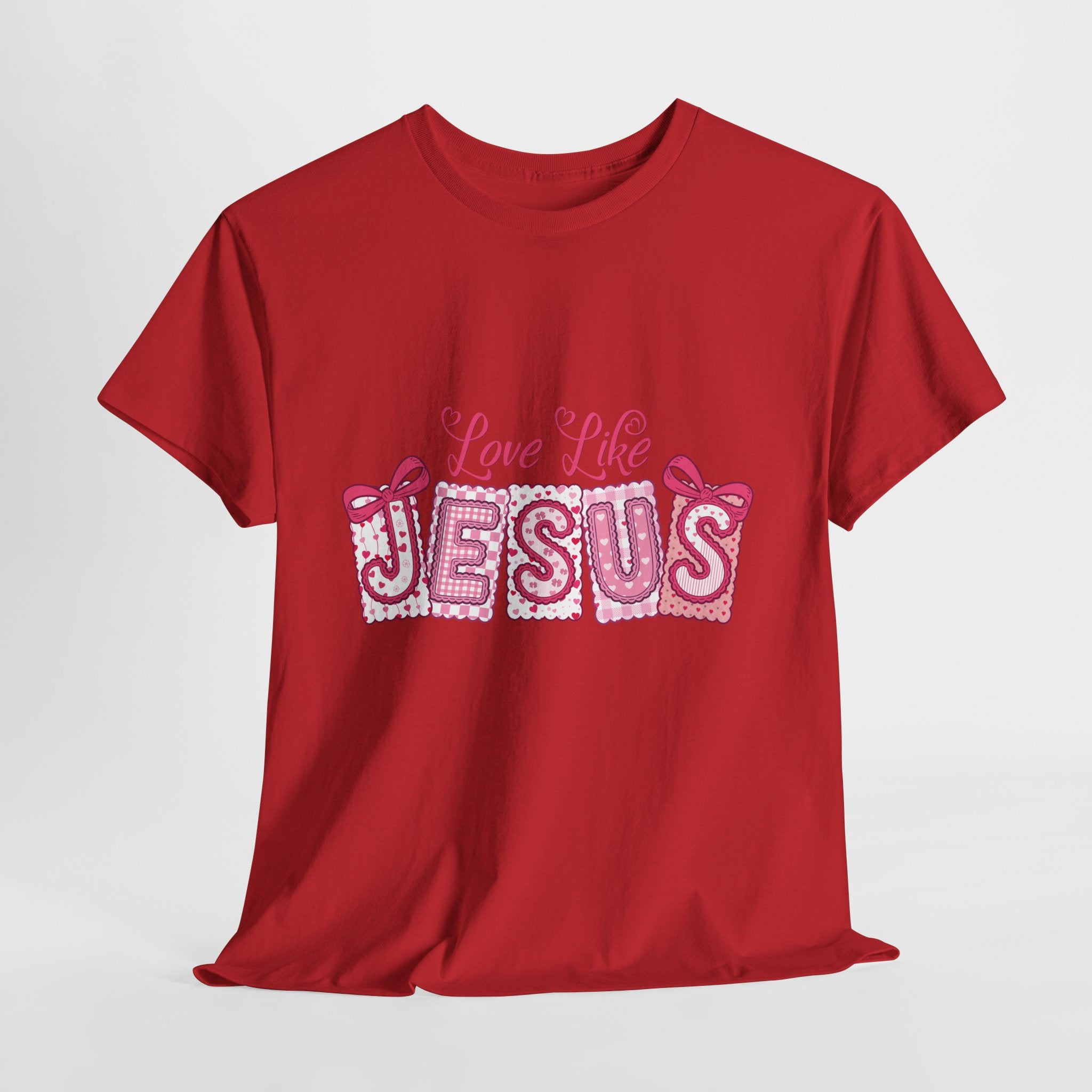 Love Like Jesus Patchwork Tee — Pink Stitched Heart Graphic.Unisex Cotton Tee