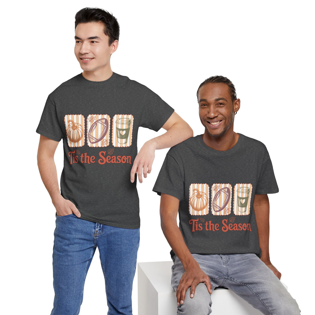 Tis the Season Pumpkin, Football & Coffee Fall Unisex Cotton T-Shirt
