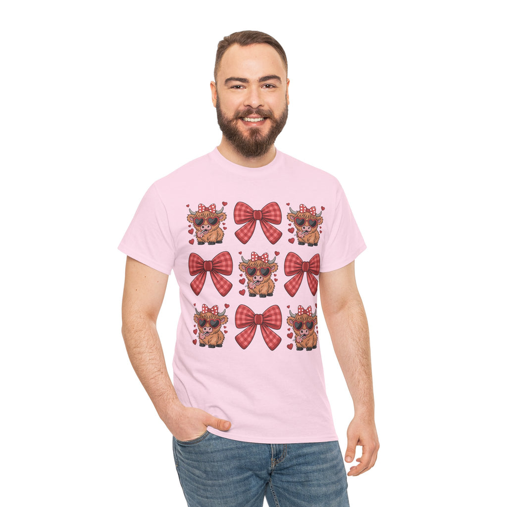 Valentine Cow Checkered Tee — Fluffy Cows with Heart Sunglasses & Red Bows..Unisex Cotton Tee
