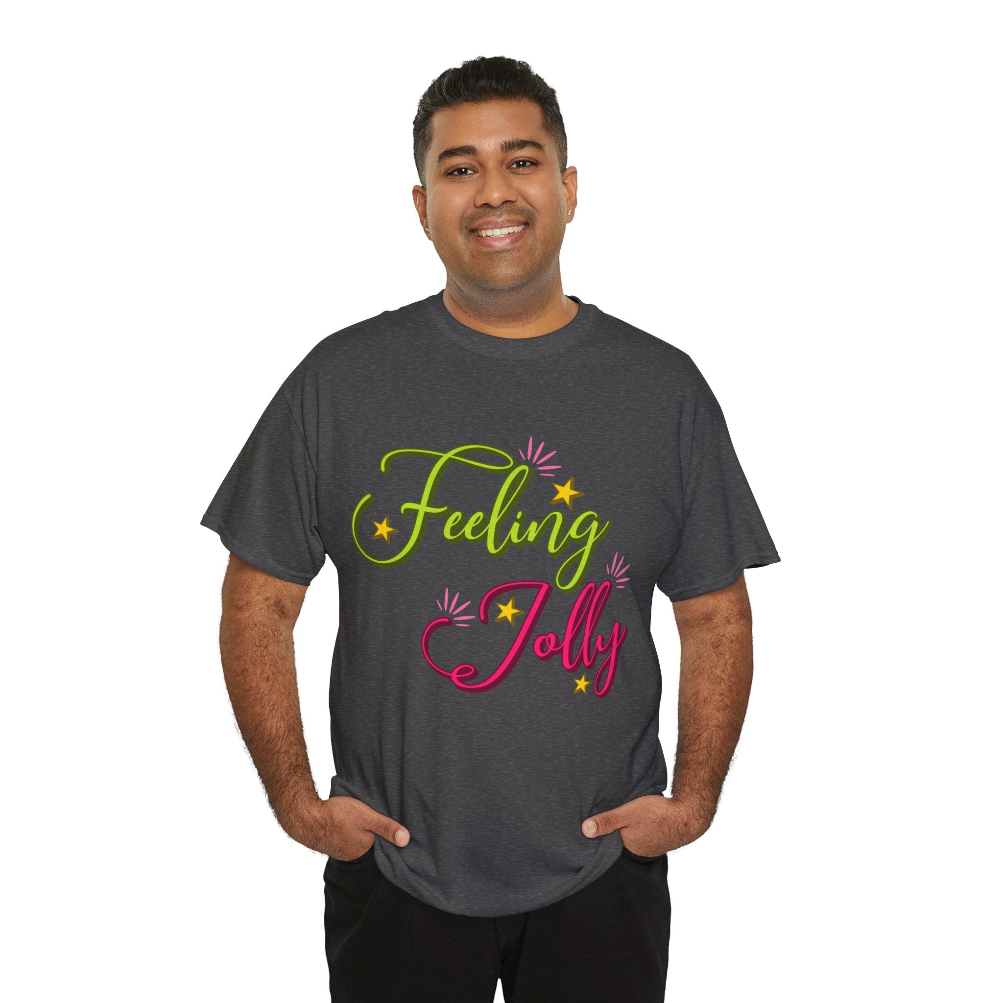 Feeling Jolly Tee — Festive Green & Pink Script with Yellow Stars Unisex Cotton Tee
