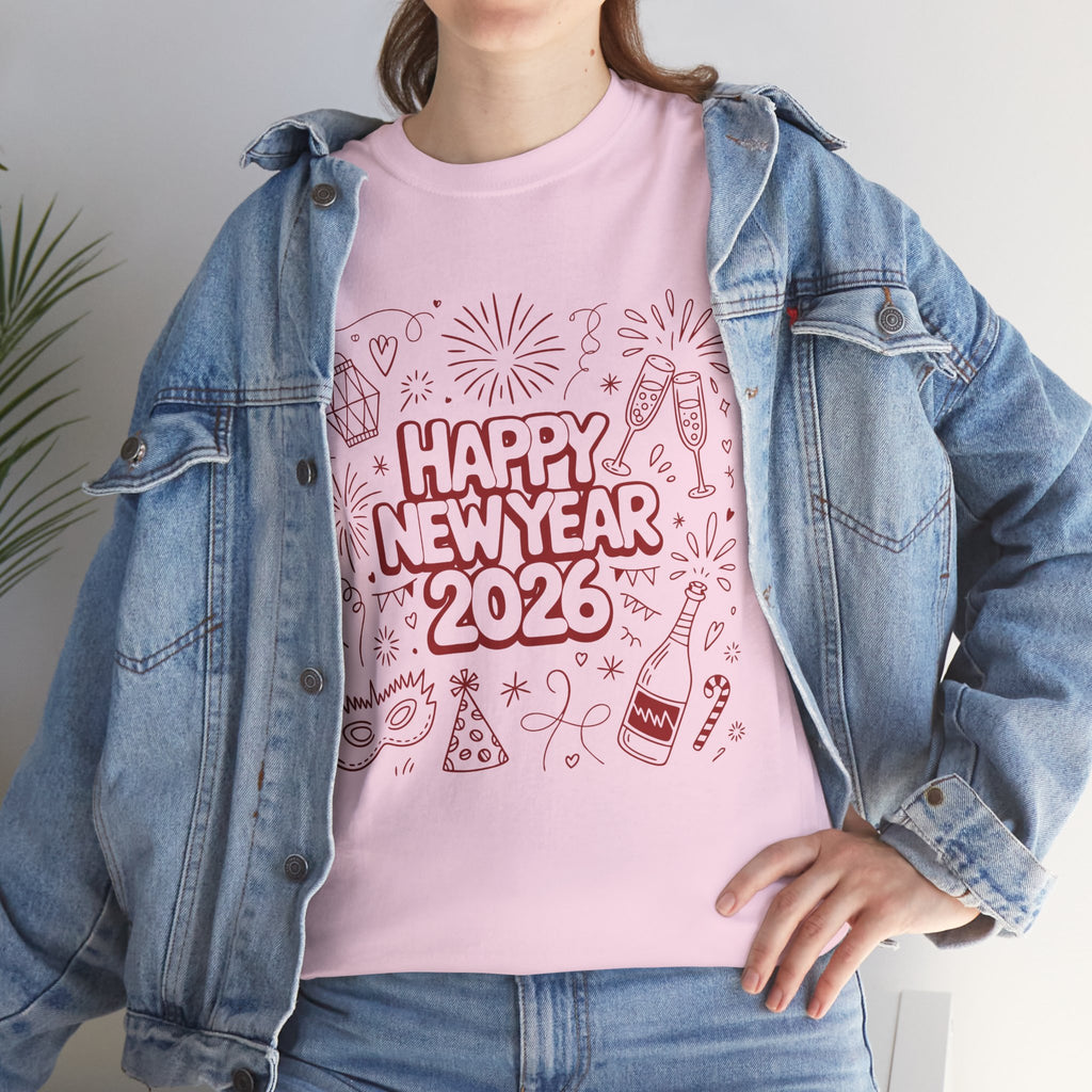 Happy New Year 2026 Doodle T-Shirt — Pink Party Icons & Champagne Unisex Cotton Tee