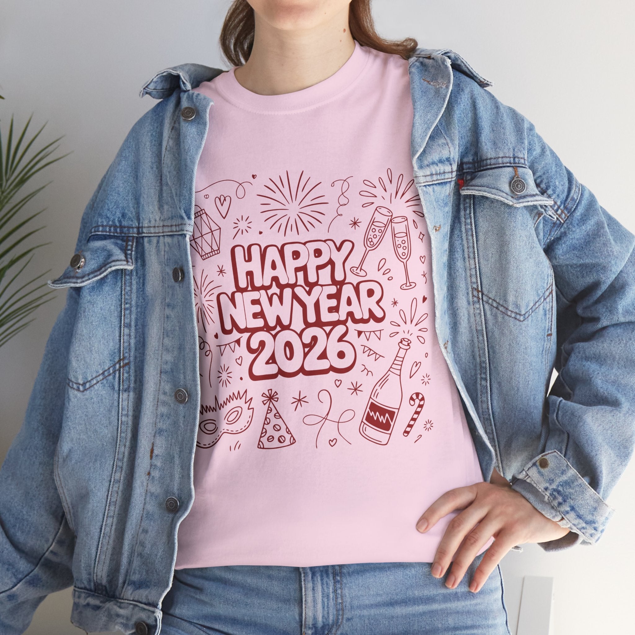 Happy New Year 2026 Doodle T-Shirt — Pink Party Icons & Champagne Unisex Cotton Tee