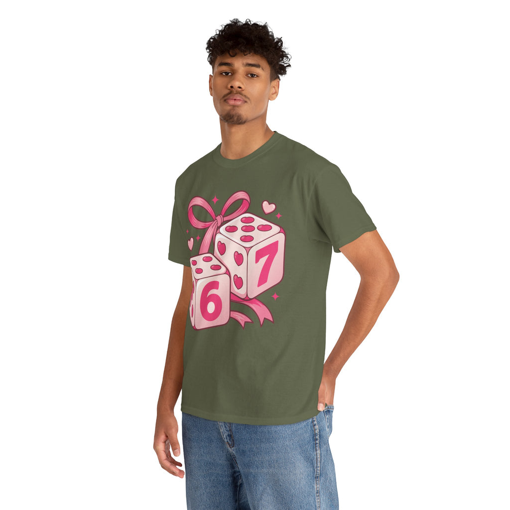 Lucky Love Dice T-Shirt — Pink Heart Dice with Bow..Unisex Cotton Tee