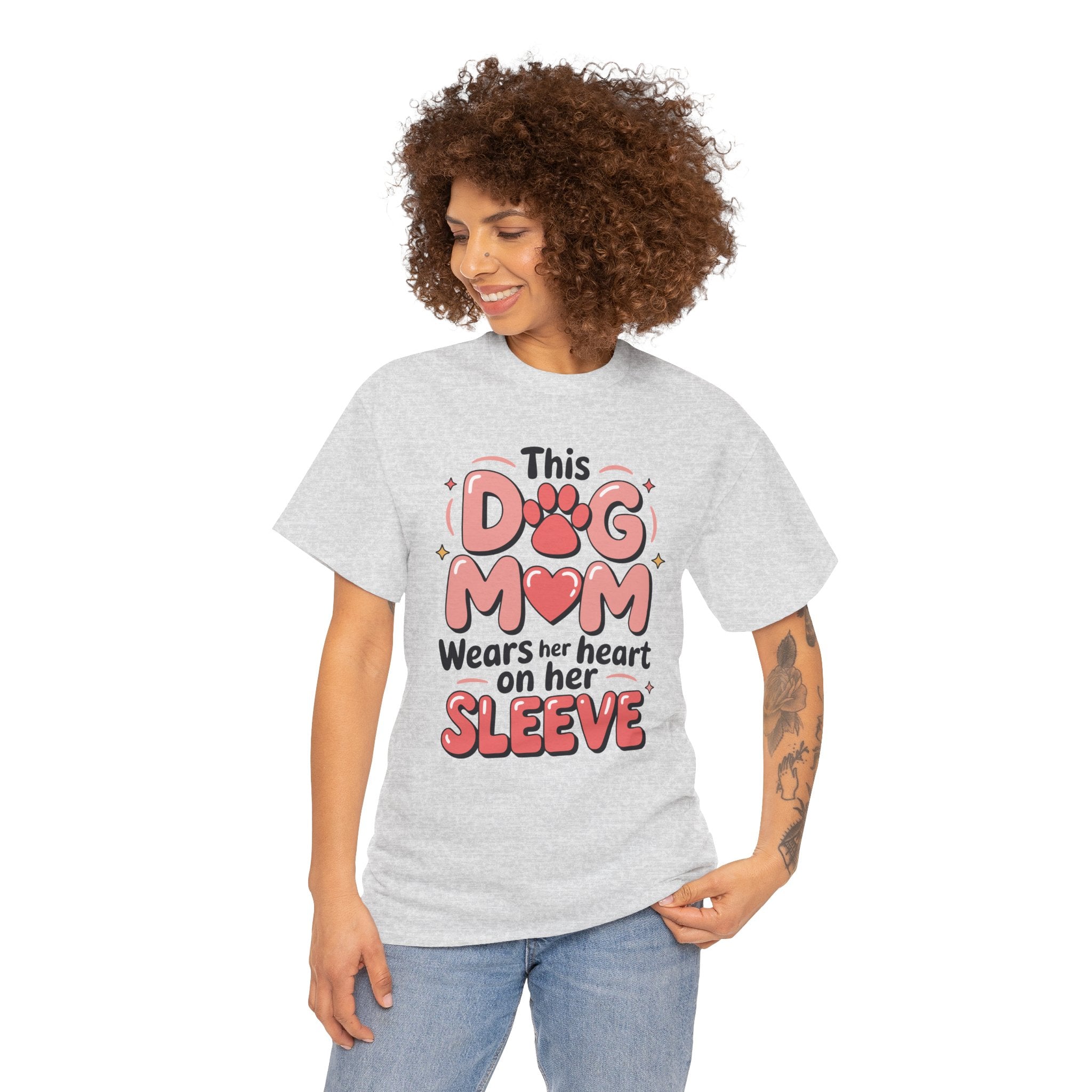 Dog Mom T-Shirt — "This Dog Mom Wears Her Heart on Her Sleeve" Paw & Heart Unisex Cotton Tee