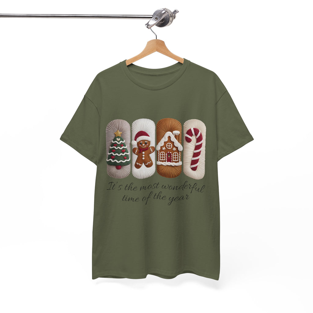 Christmas Faux-Yarn Tree Tee — Gingerbread House & Candy Cane Holiday Unisex Cotton T-Shirt