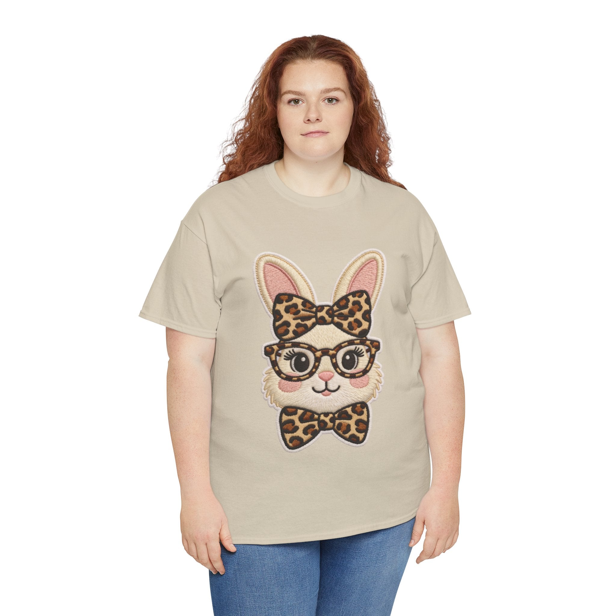 Leopard Bow Bunny Embroidered Tee — Cute Bunny Face with Glasses Patch Unisex Cotton Tee