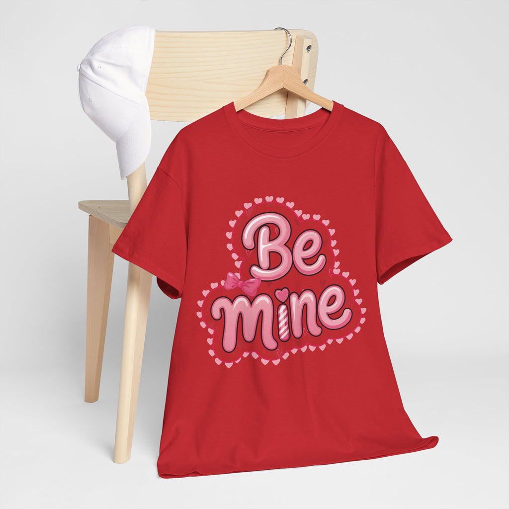 Be Mine Valentine T-Shirt — Pink Bubble Letters with Hearts & Bow..Unisex Cotton Tee