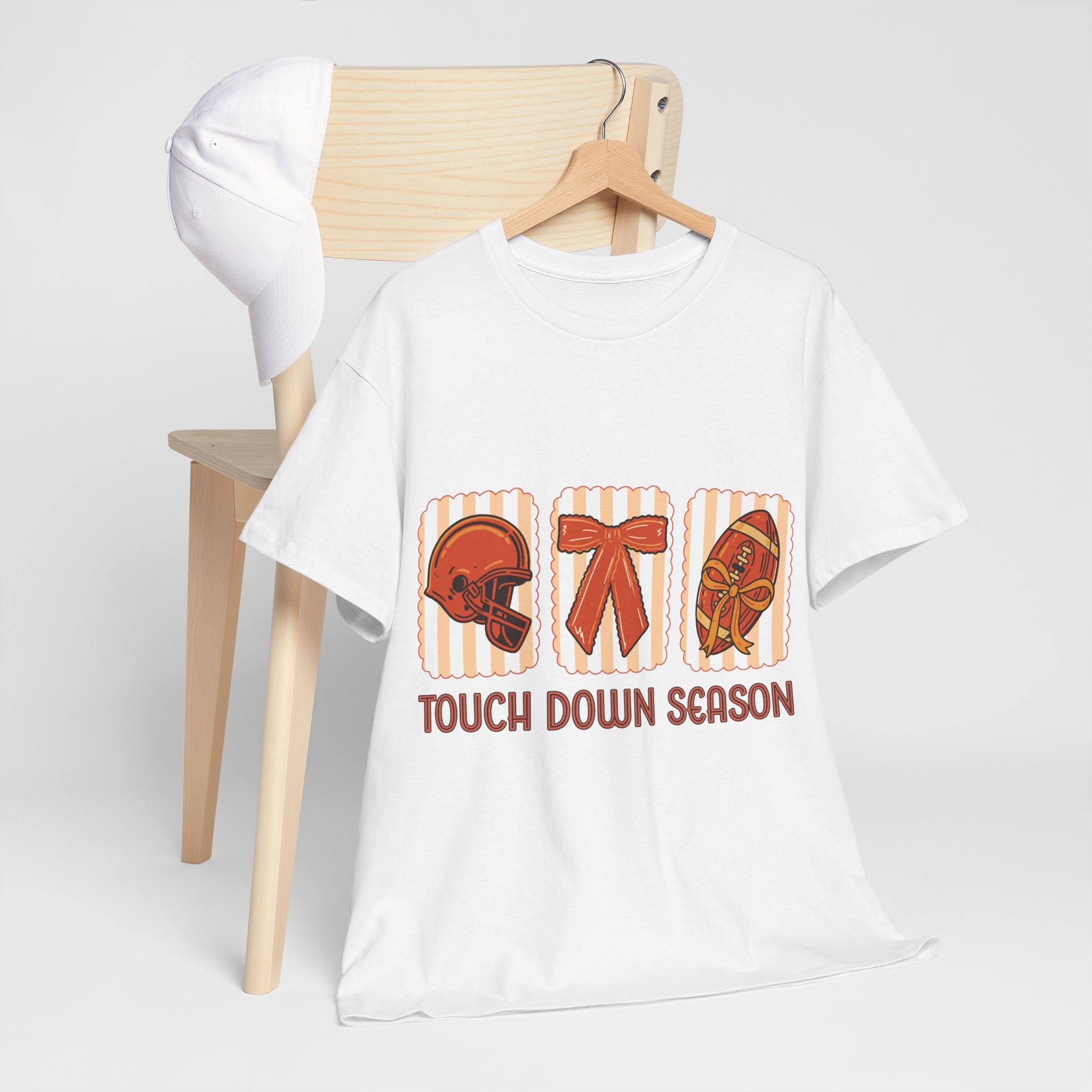 Touch Down Season Football Tee — Striped Fall Helmet & Bow Design Unisex Cotton Tee
