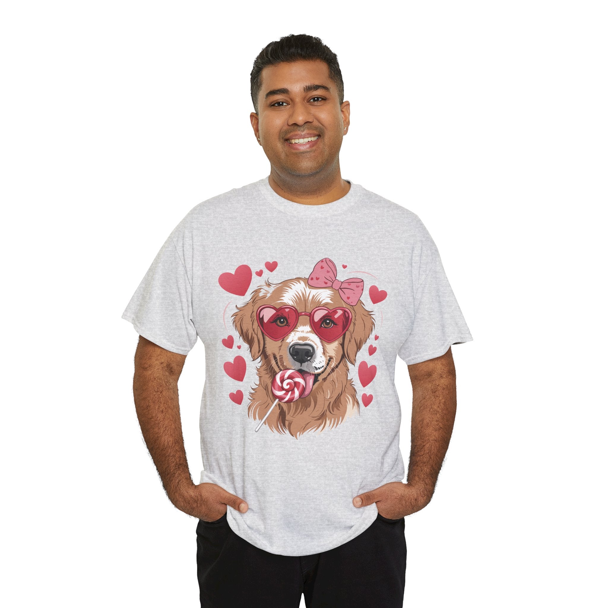 Valentine Dog T-Shirt — Cute Pup with Heart Glasses, Pink Bow & Lollipop..Unisex Cotton Tee