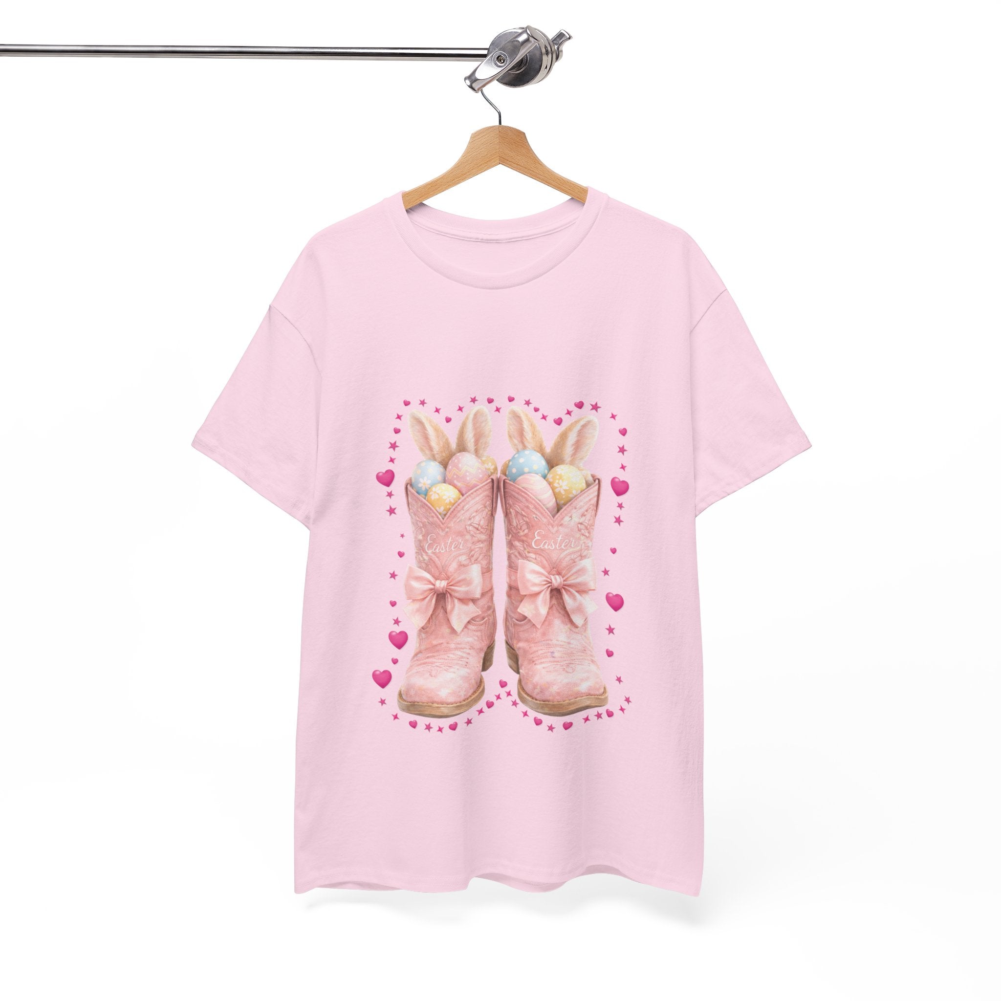 Easter Pink Western Boots Tee — Pastel Bunny Eggs & Bows Unisex Cotton Tee