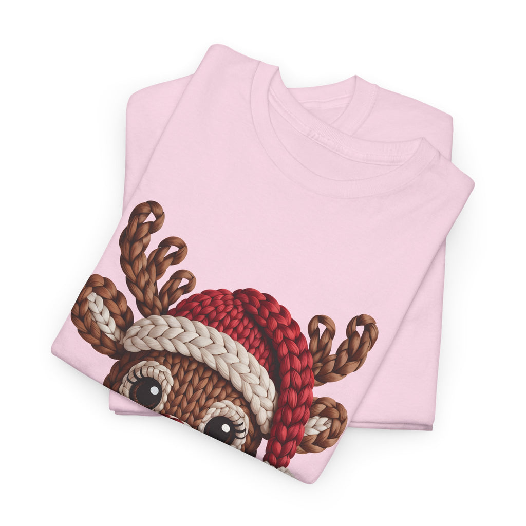 Reindeer in Santa Hat Cotton Tee — Joyful Faux-Yarn Holiday Unisex Coton T-Shirt