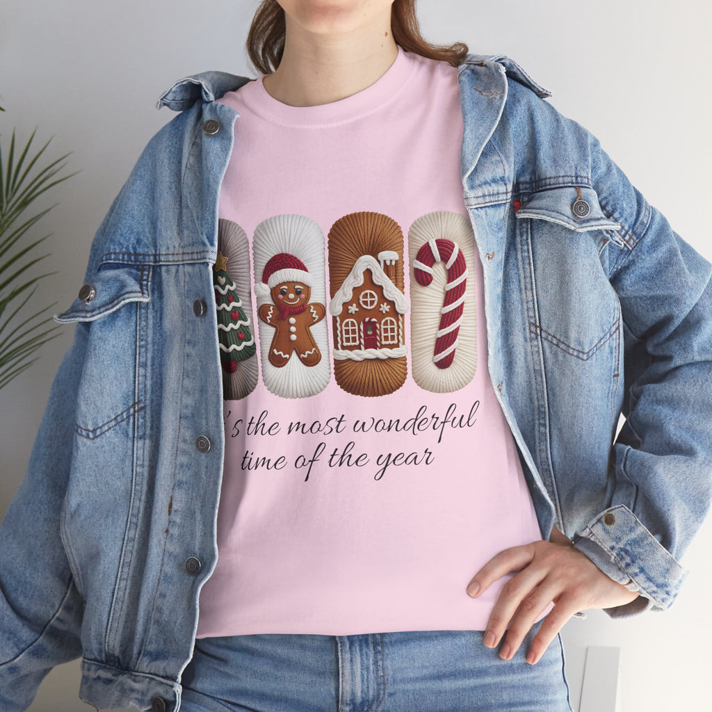 Christmas Faux-Yarn Tree Tee — Gingerbread House & Candy Cane Holiday Unisex Cotton T-Shirt