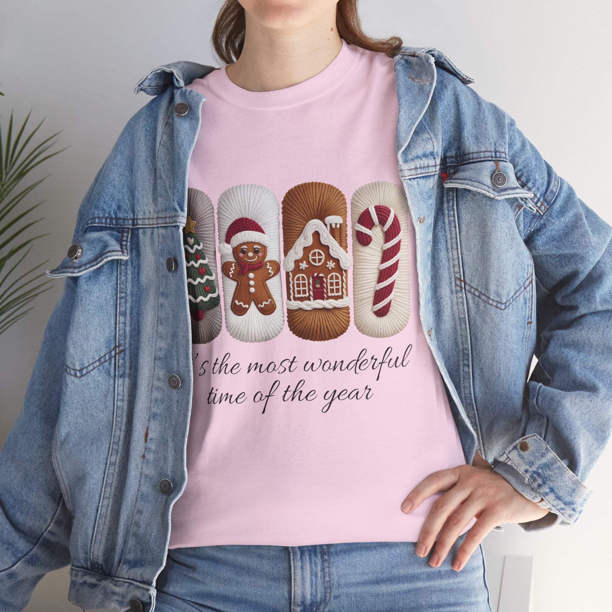Christmas Faux-Yarn Tree Tee — Gingerbread House & Candy Cane Holiday Unisex Cotton T-Shirt