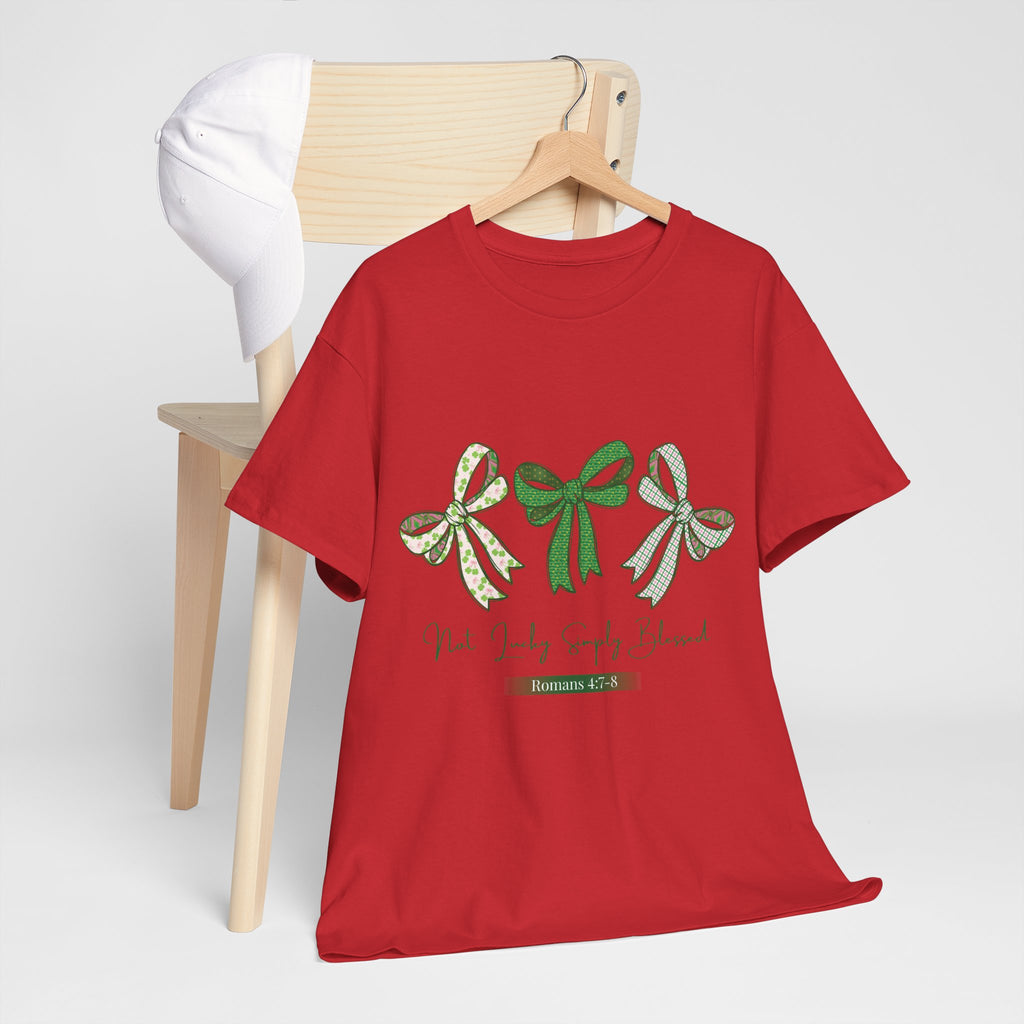 Not Lucky Simply Blessed Tee — Romans 4:7-8 Green Bow Christian Unisex Cotton T-Shirt