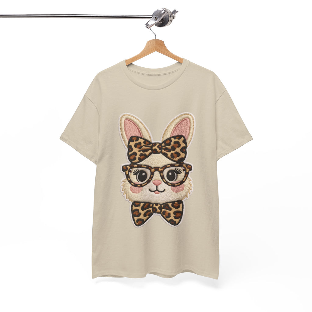 Leopard Bow Bunny Embroidered Tee — Cute Bunny Face with Glasses Patch Unisex Cotton Tee