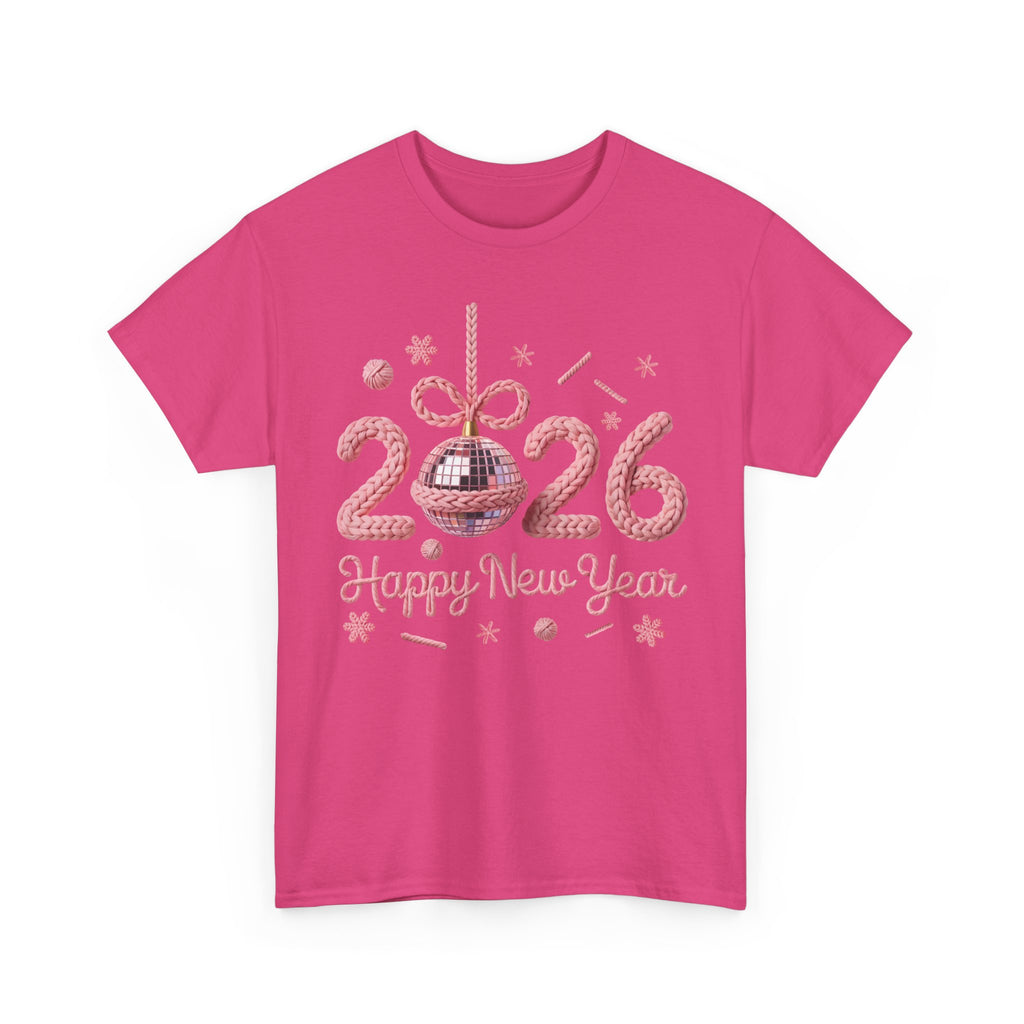2026 Happy New Year Pink Knitted Disco Ball Unisex Cotton Tee