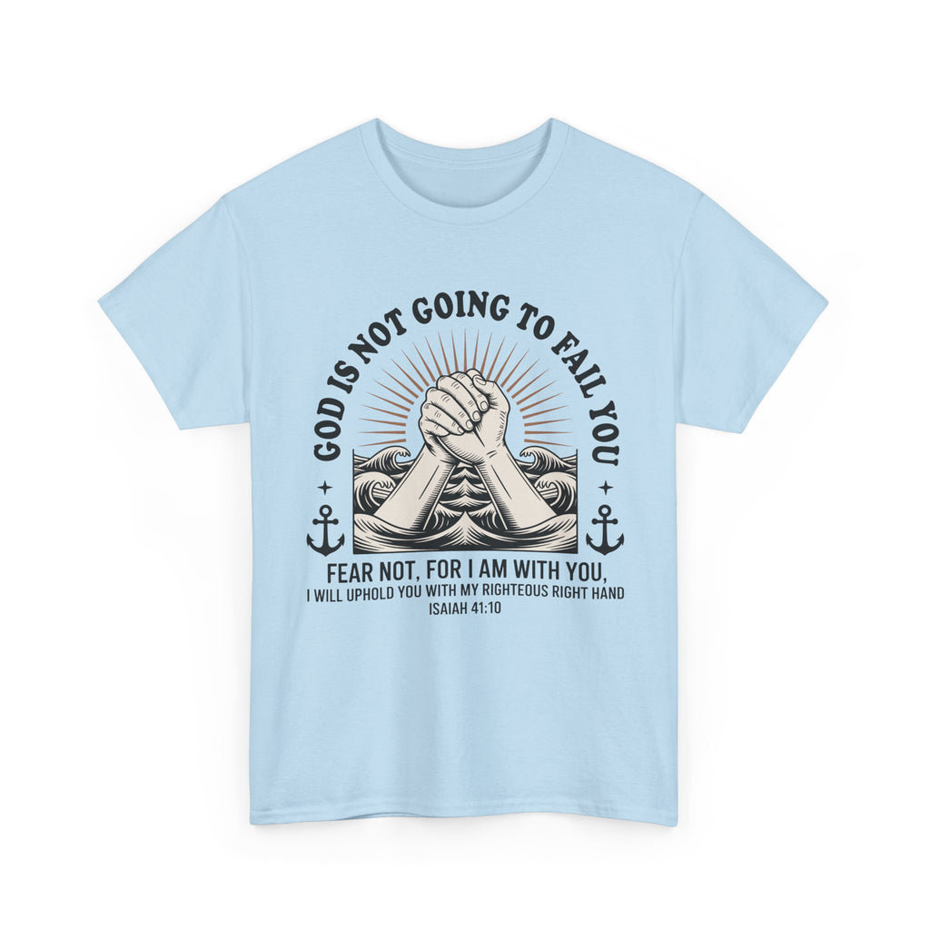 Isaiah 41:10 "Fear Not, For I Am With You" T-Shirt — Clasped Hands Rising from Waves Christian Unisex Cotton Tee