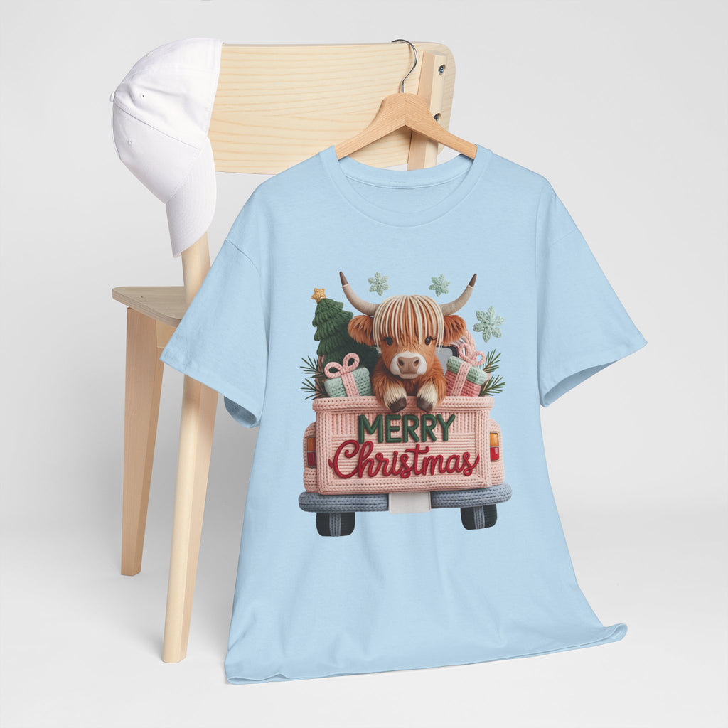 Merry Christmas Highland Cow Knit Truck Unisex Cotton T-Shirt
