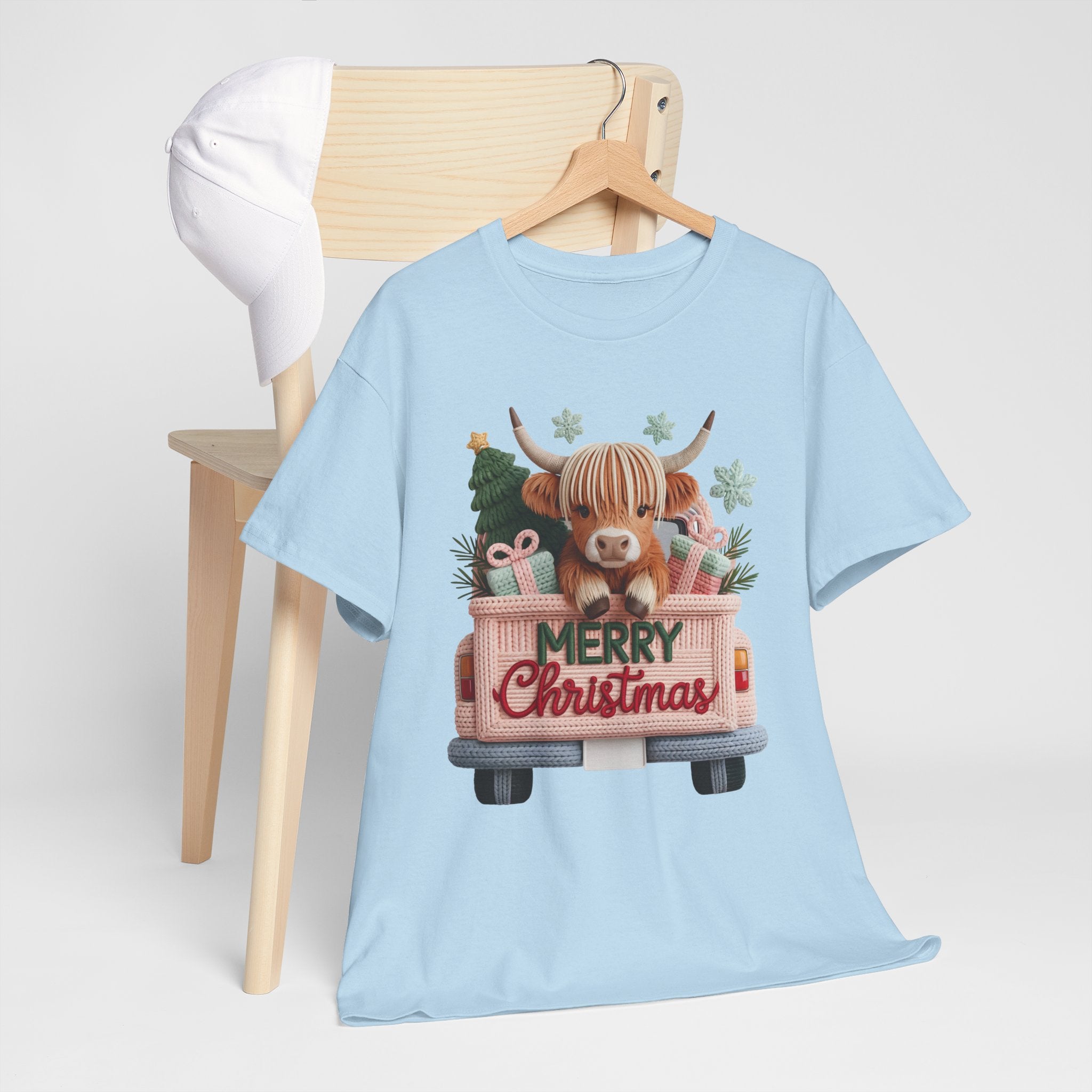 Merry Christmas Highland Cow Knit Truck Unisex Cotton T-Shirt