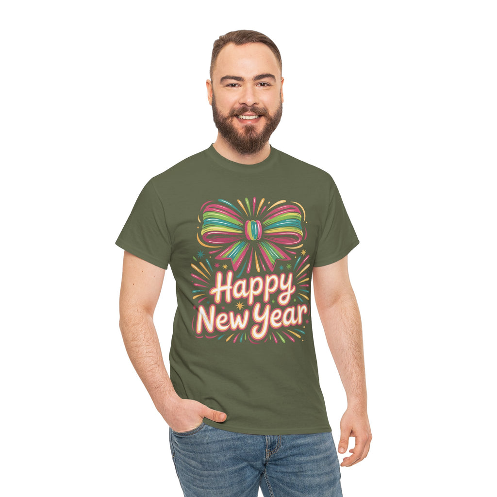 Happy New Year Pastel Tee — Rainbow Bow & Fireworks Celebration Unisex Cotton Tshirt