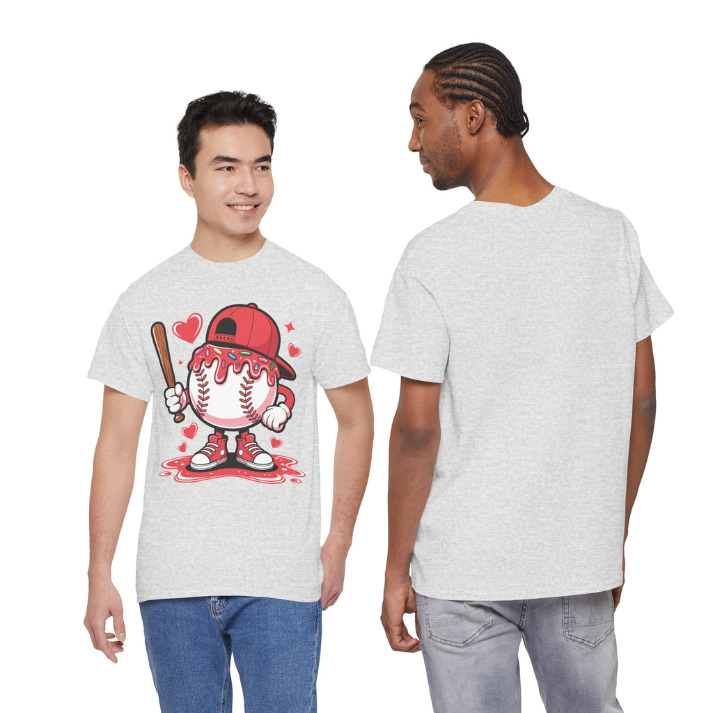 Cute Baseball Character T-Shirt — Red Cap & Icing Top Graphic with Hearts Unisex Cotton Tee