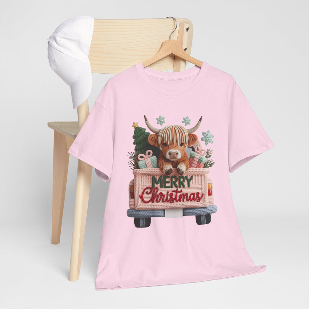 Merry Christmas Highland Cow Knit Truck Unisex Cotton T-Shirt