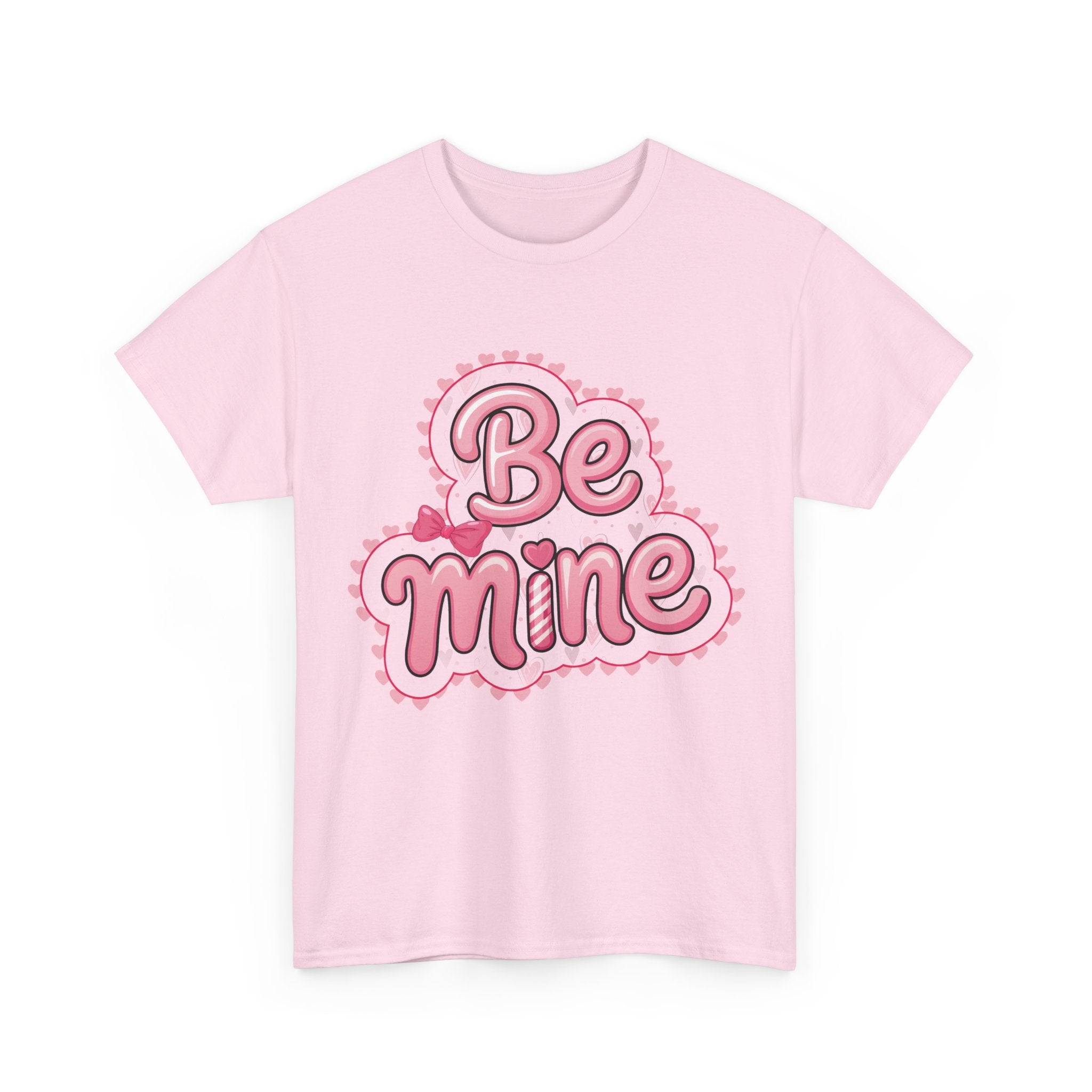 Be Mine Valentine T-Shirt — Pink Bubble Letters with Hearts & Bow..Unisex Cotton Tee