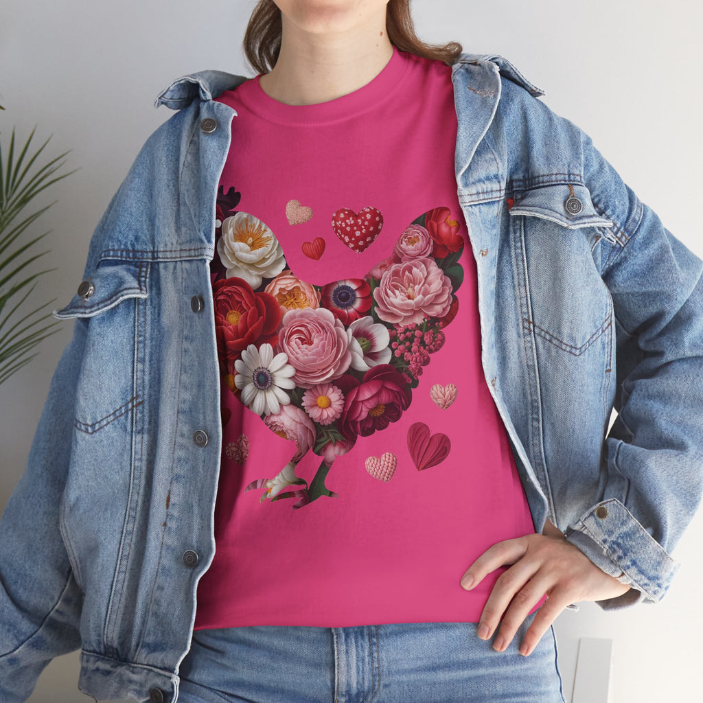 Floral Chicken Heart Tee — Red & Pink Flower Silhouette Unisex Cotton Tee