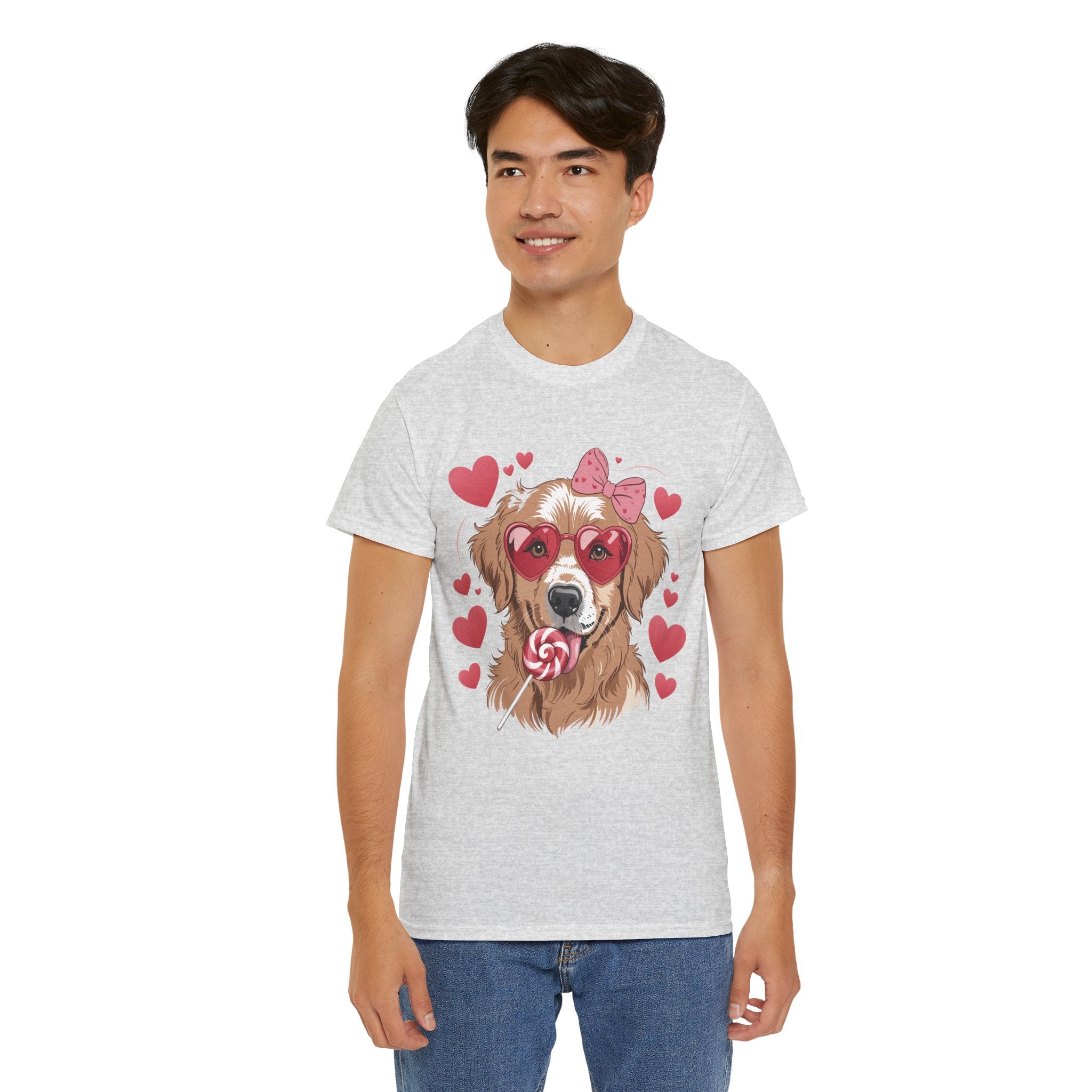 Valentine Dog T-Shirt — Cute Pup with Heart Glasses, Pink Bow & Lollipop..Unisex Cotton Tee