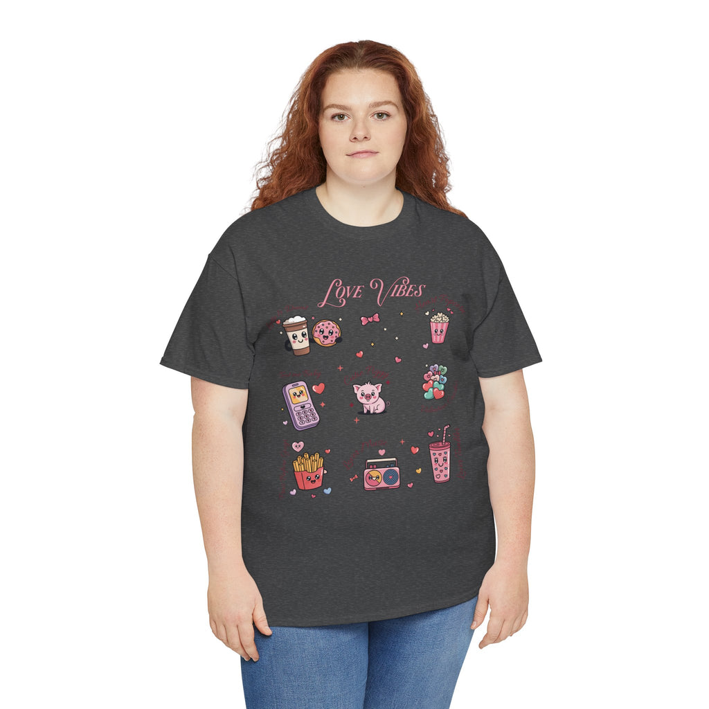 Love Vibes Kawaii Valentine T-Shirt — Cute Donut, Coffee & Piglet Design Unisex Cotton Tee