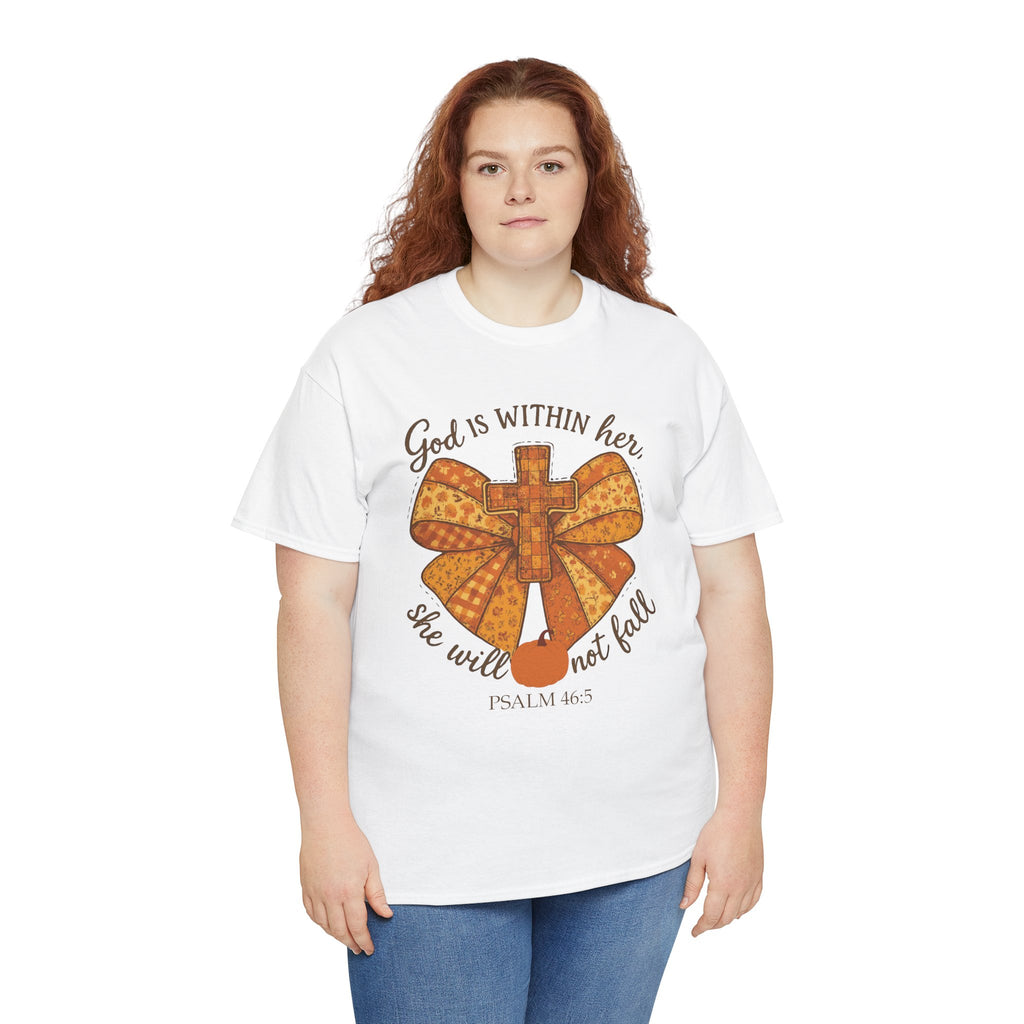 Psalm 46:5 Cross Patchwork Tee — Fall Bow Christian Unisex Cotton T-Shirt