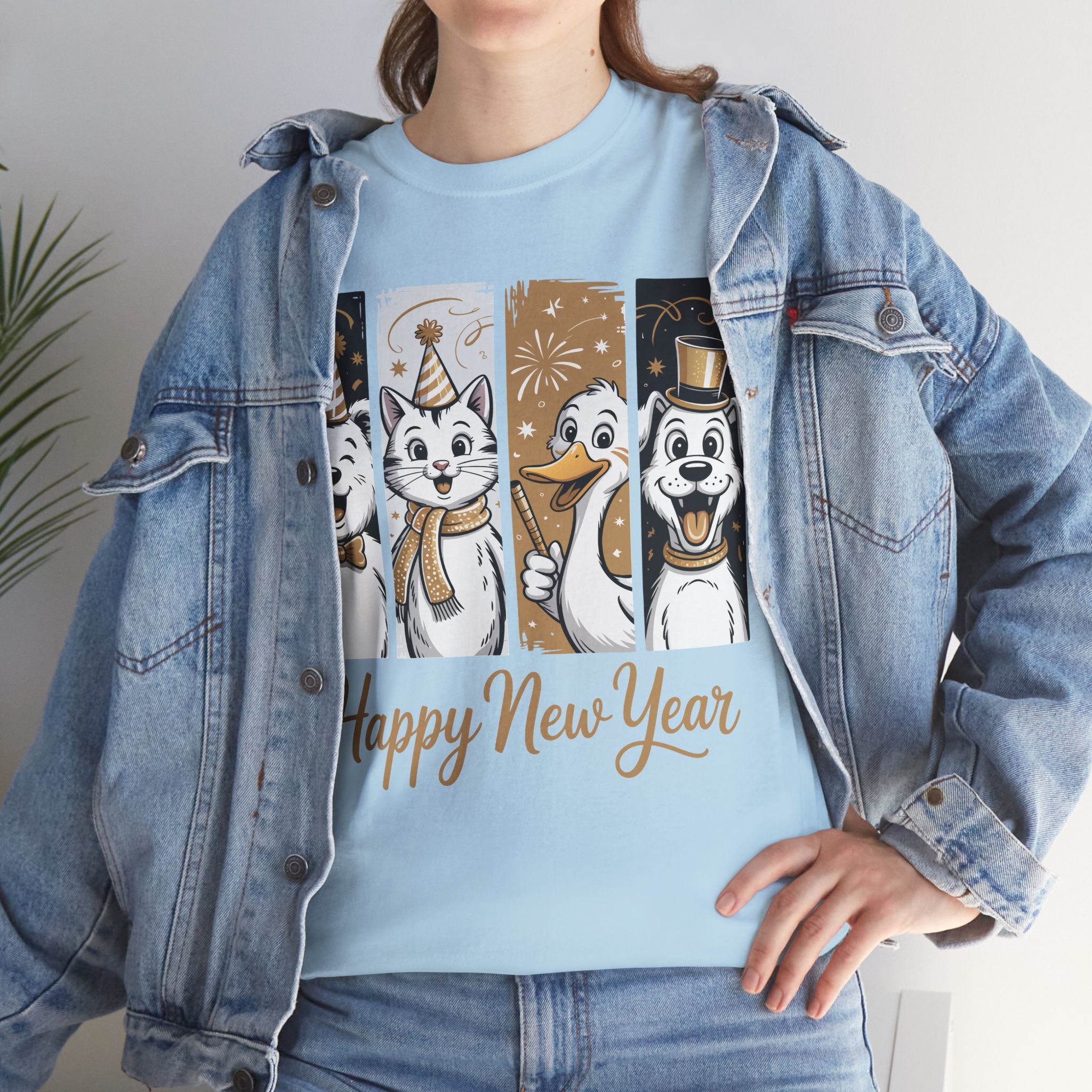 Happy New Year Party Animals T-Shirt — Cute Smiling Animals in Party Hats & Gold Fireworks..Unisex Cotton Tee