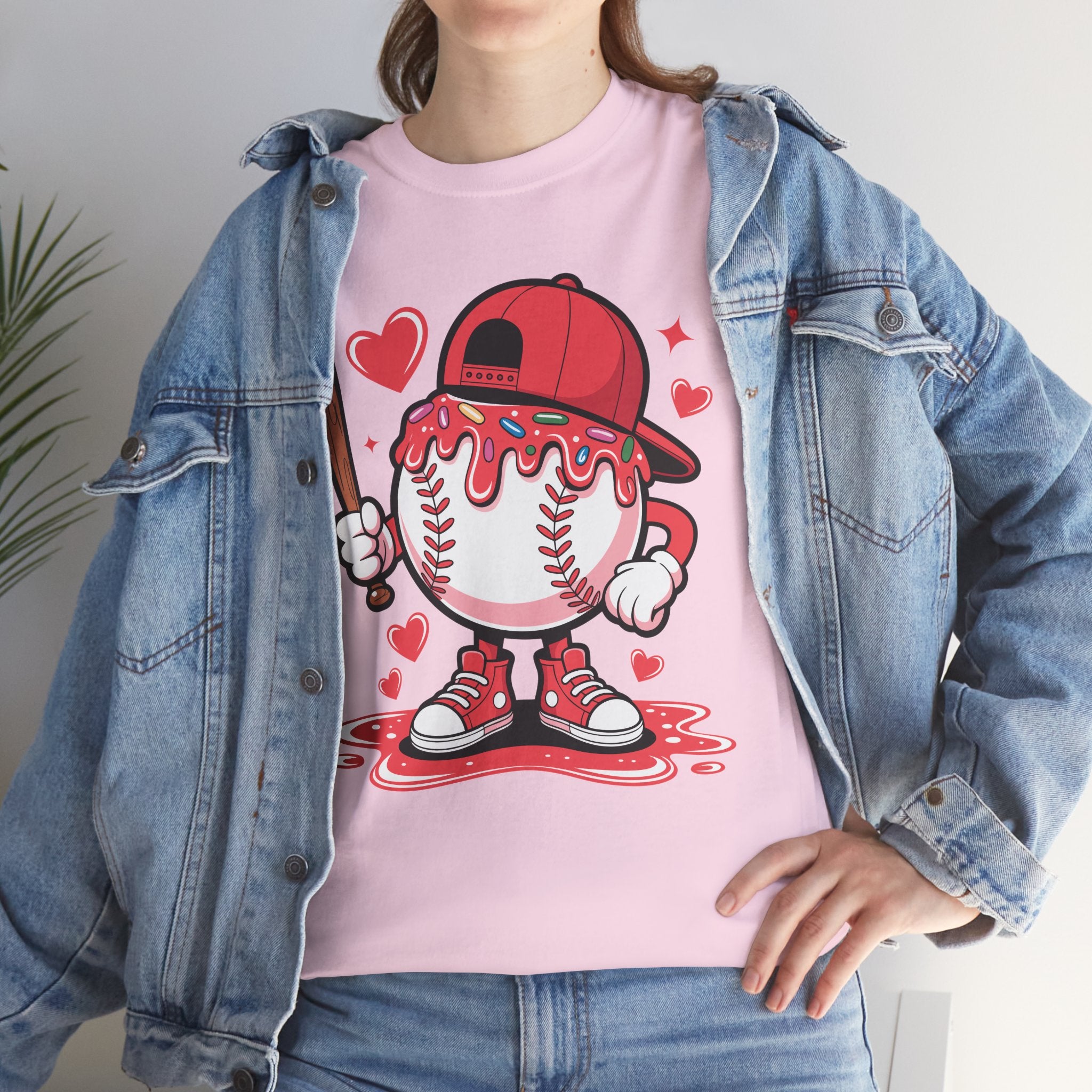 Cute Baseball Character T-Shirt — Red Cap & Icing Top Graphic with Hearts Unisex Cotton Tee