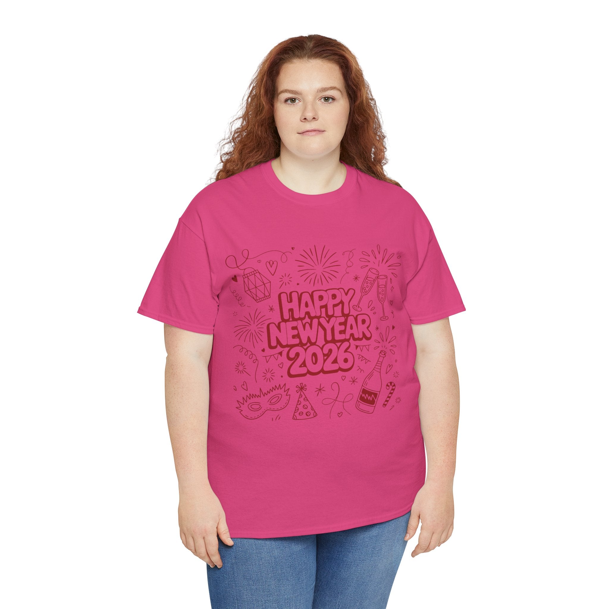 Happy New Year 2026 Doodle T-Shirt — Pink Party Icons & Champagne Unisex Cotton Tee