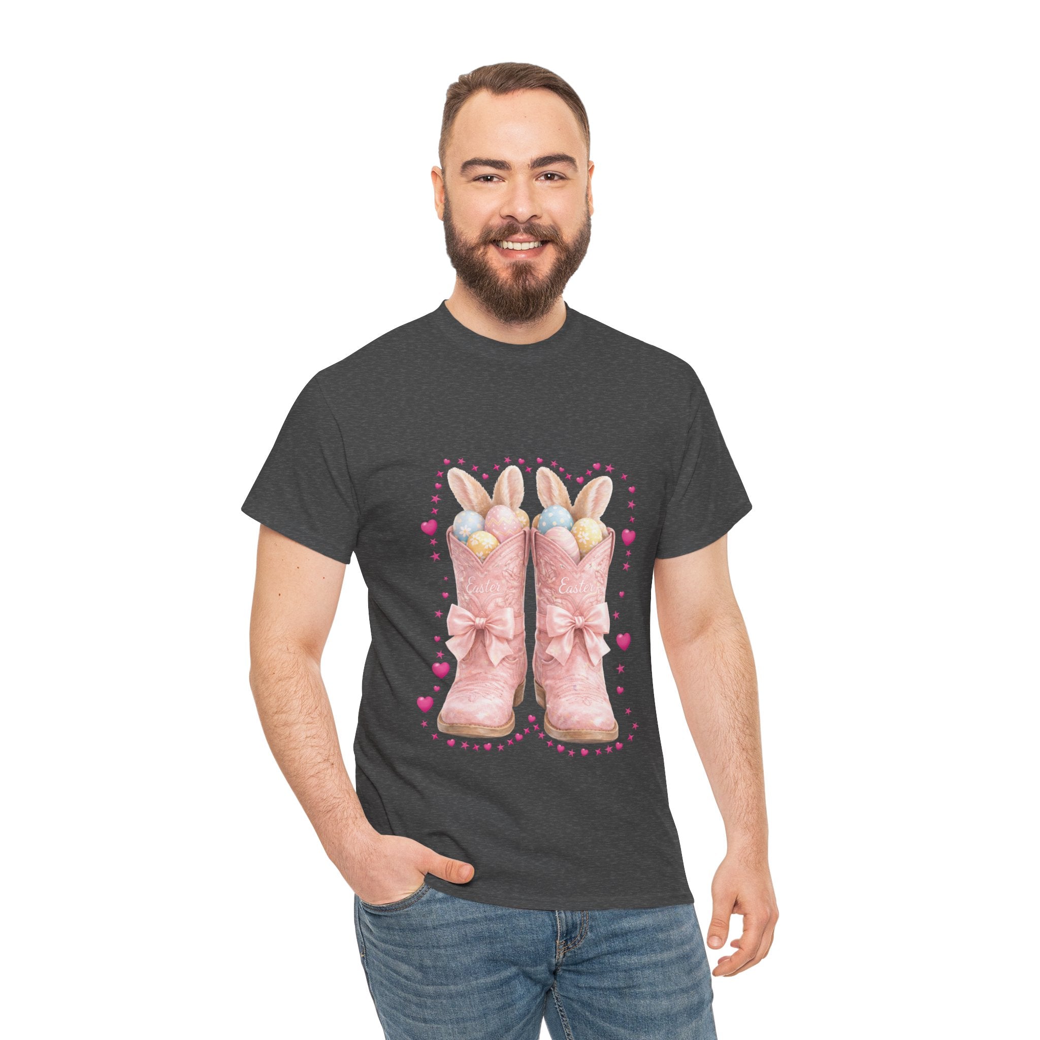 Easter Pink Western Boots Tee — Pastel Bunny Eggs & Bows Unisex Cotton Tee