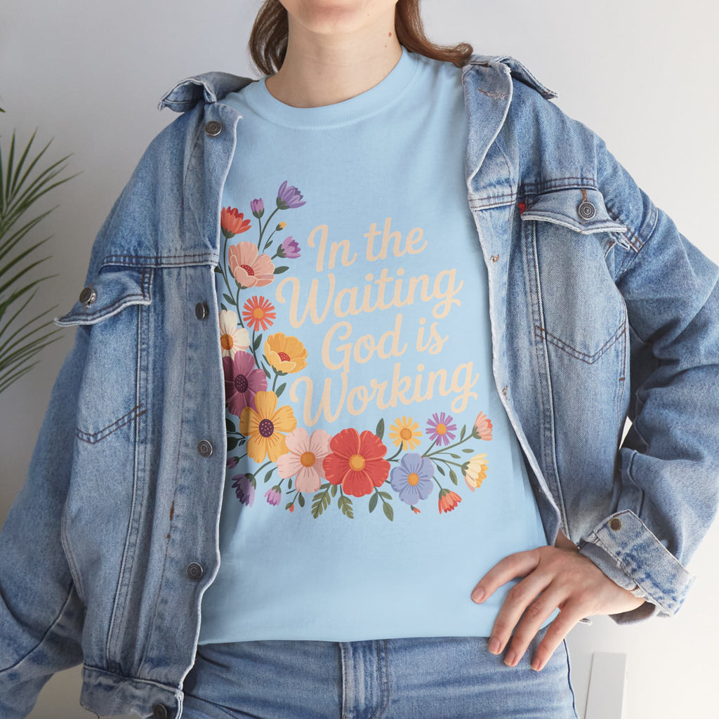 Pastel Floral “In the Waiting God Is Working” Unisex Cotton T-Shirt