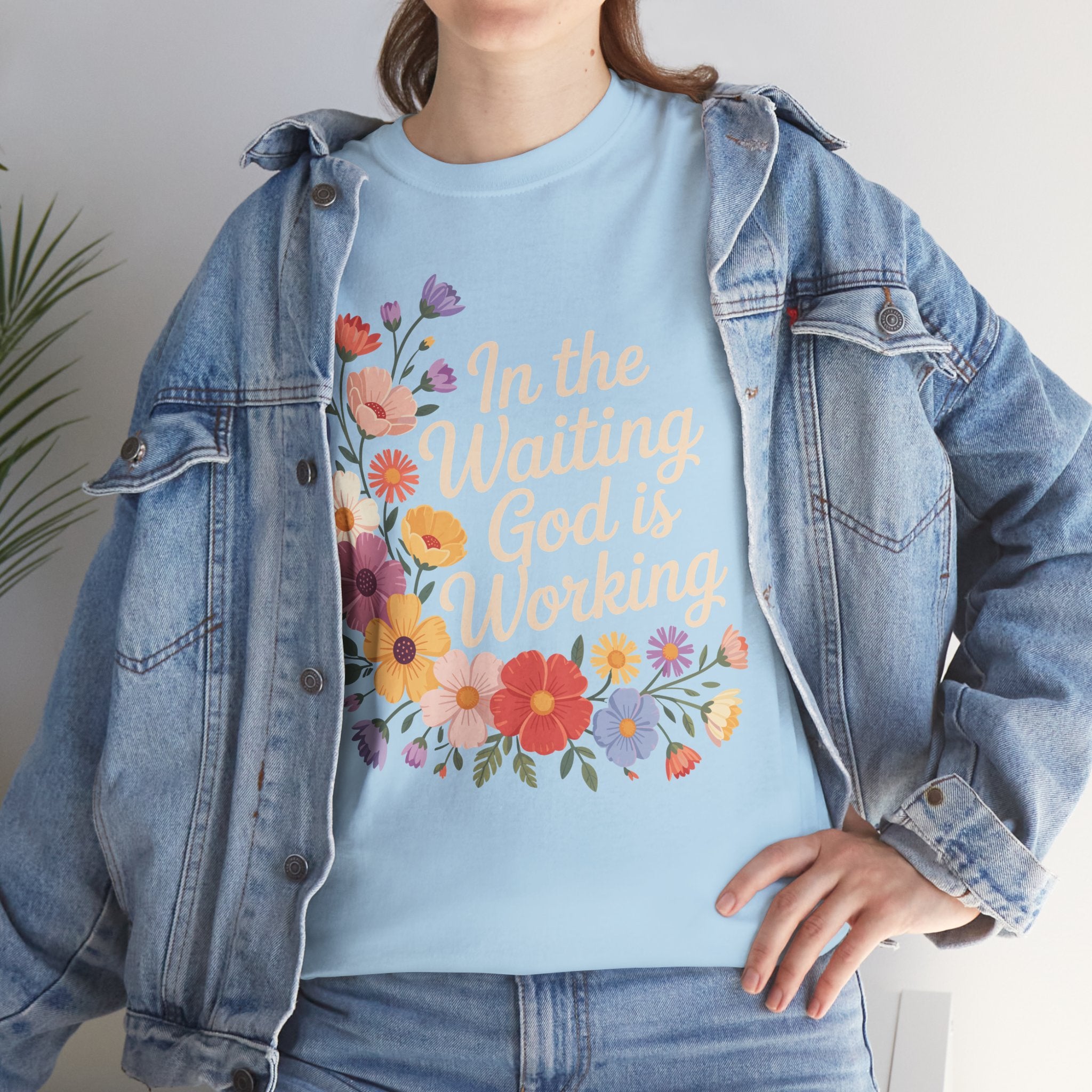Pastel Floral “In the Waiting God Is Working” Unisex Cotton T-Shirt