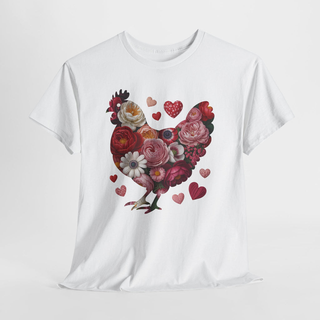Floral Chicken Heart Tee — Red & Pink Flower Silhouette Unisex Cotton Tee