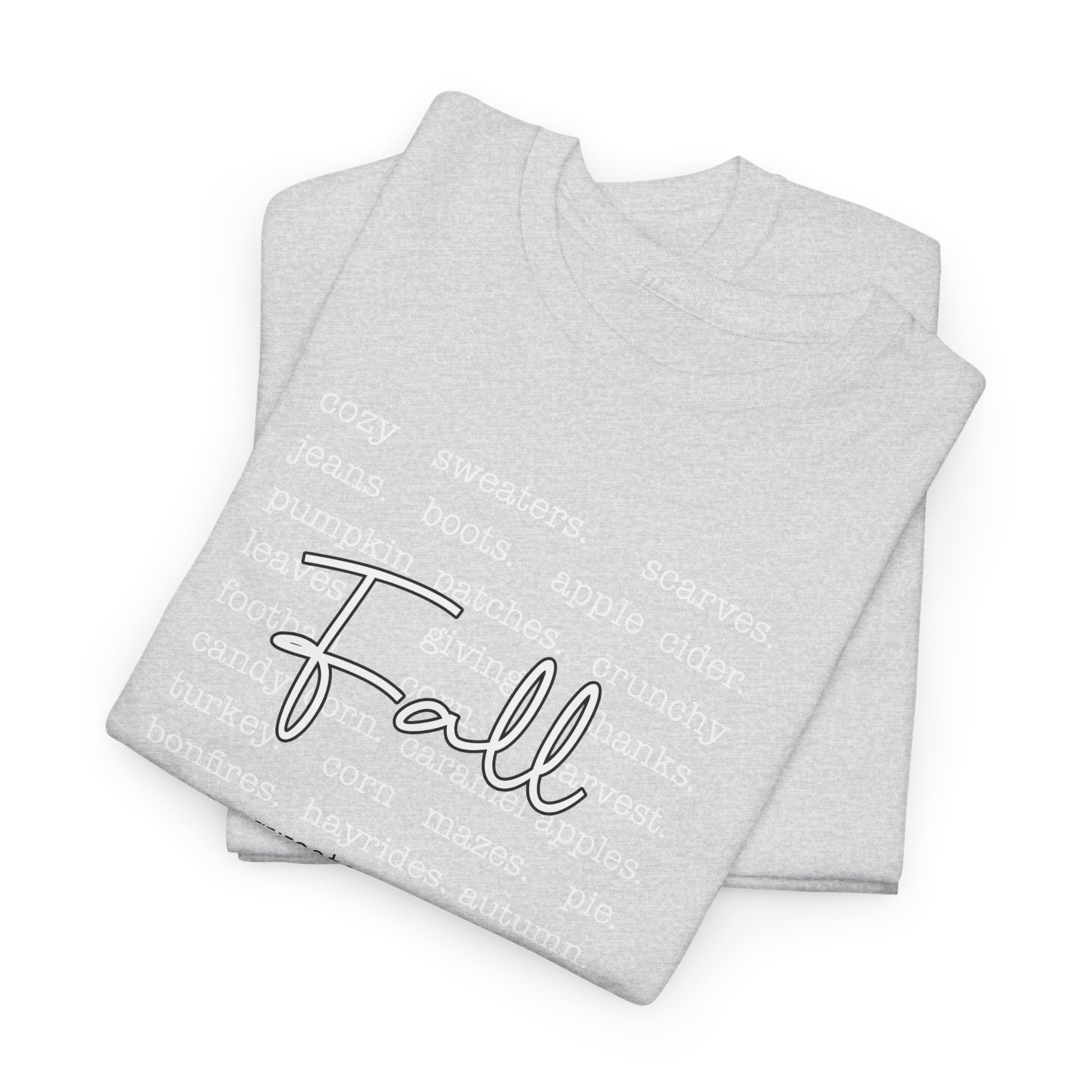 Fall Cursive Typography T-Shirt — Sweaters, Cider & Pumpkins. Unisex Cotton Tee