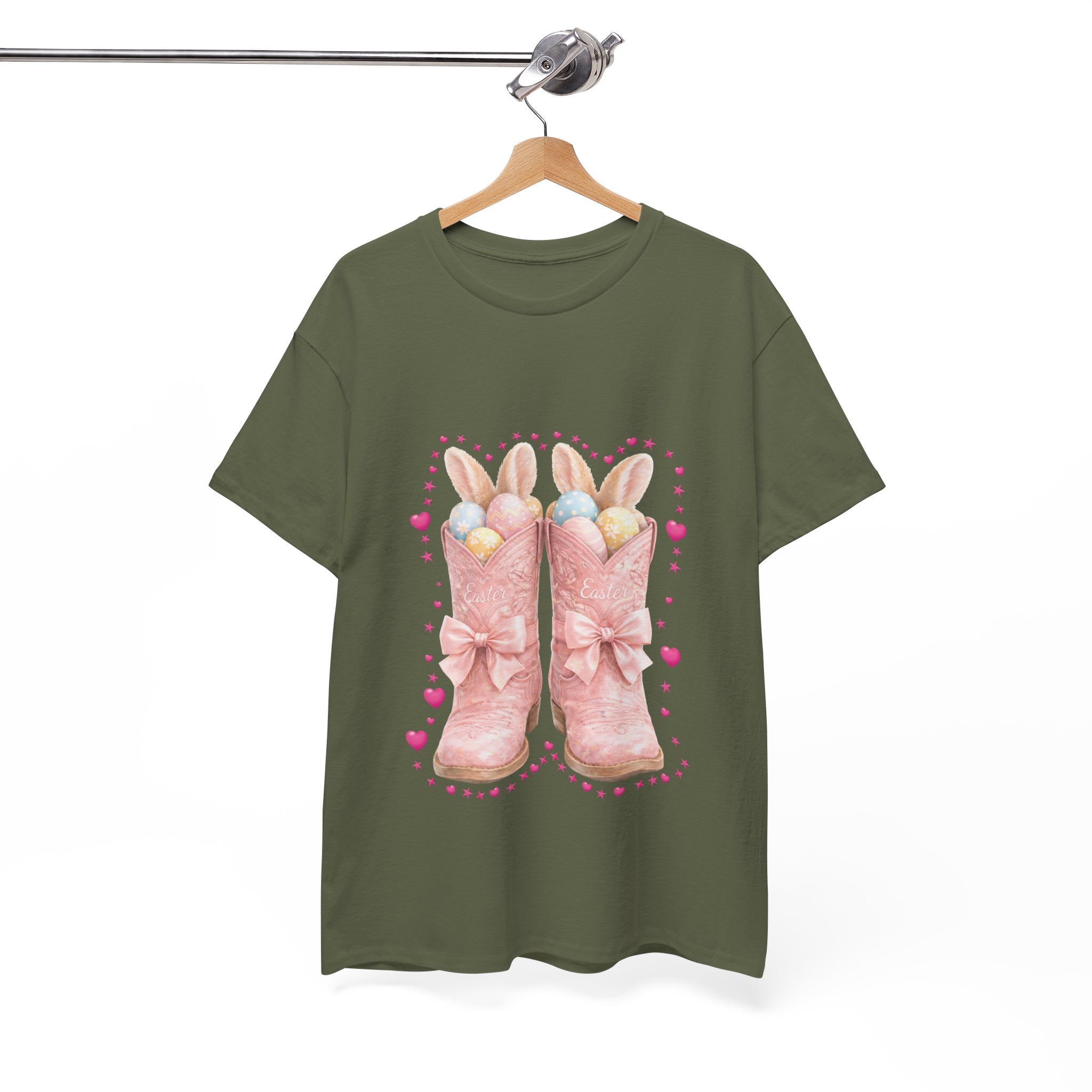 Easter Pink Western Boots Tee — Pastel Bunny Eggs & Bows Unisex Cotton Tee