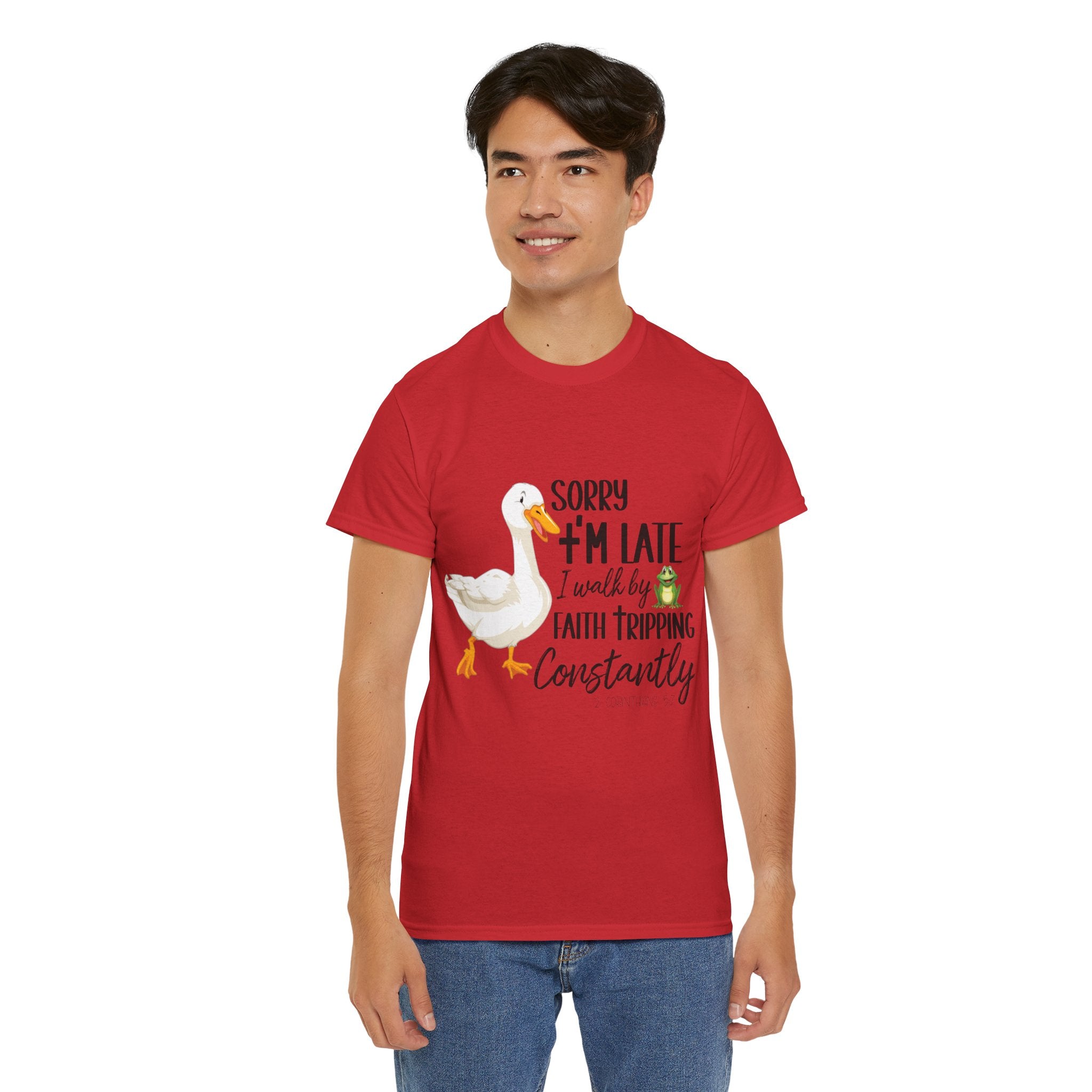 Christian Humor T-Shirt — “Sorry I’m Late, I Walk by Faith Tripping Constantly” (Duck & Frog). Unisex Cotton Tee