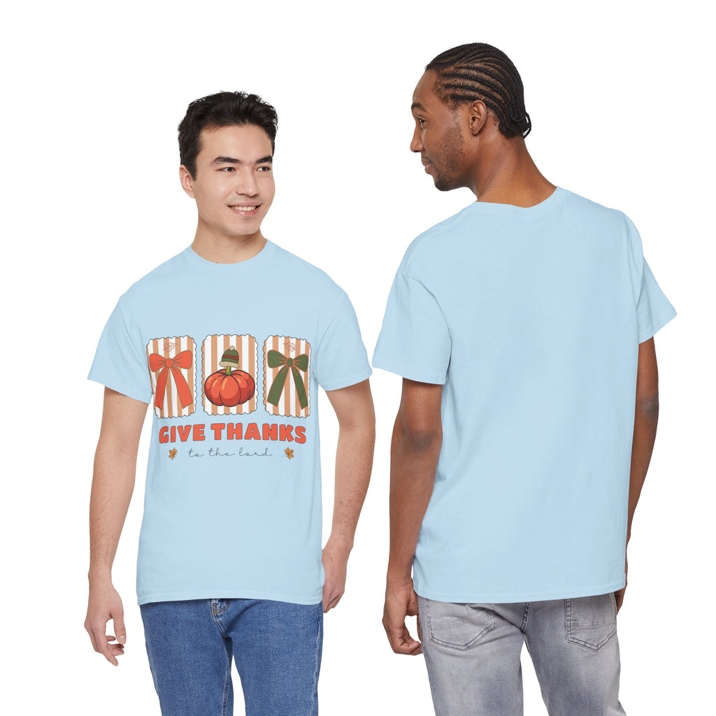 Give Thanks Thanksgiving T-Shirt — Pumpkin with Hat & Bows Unisex Cotton Tee
