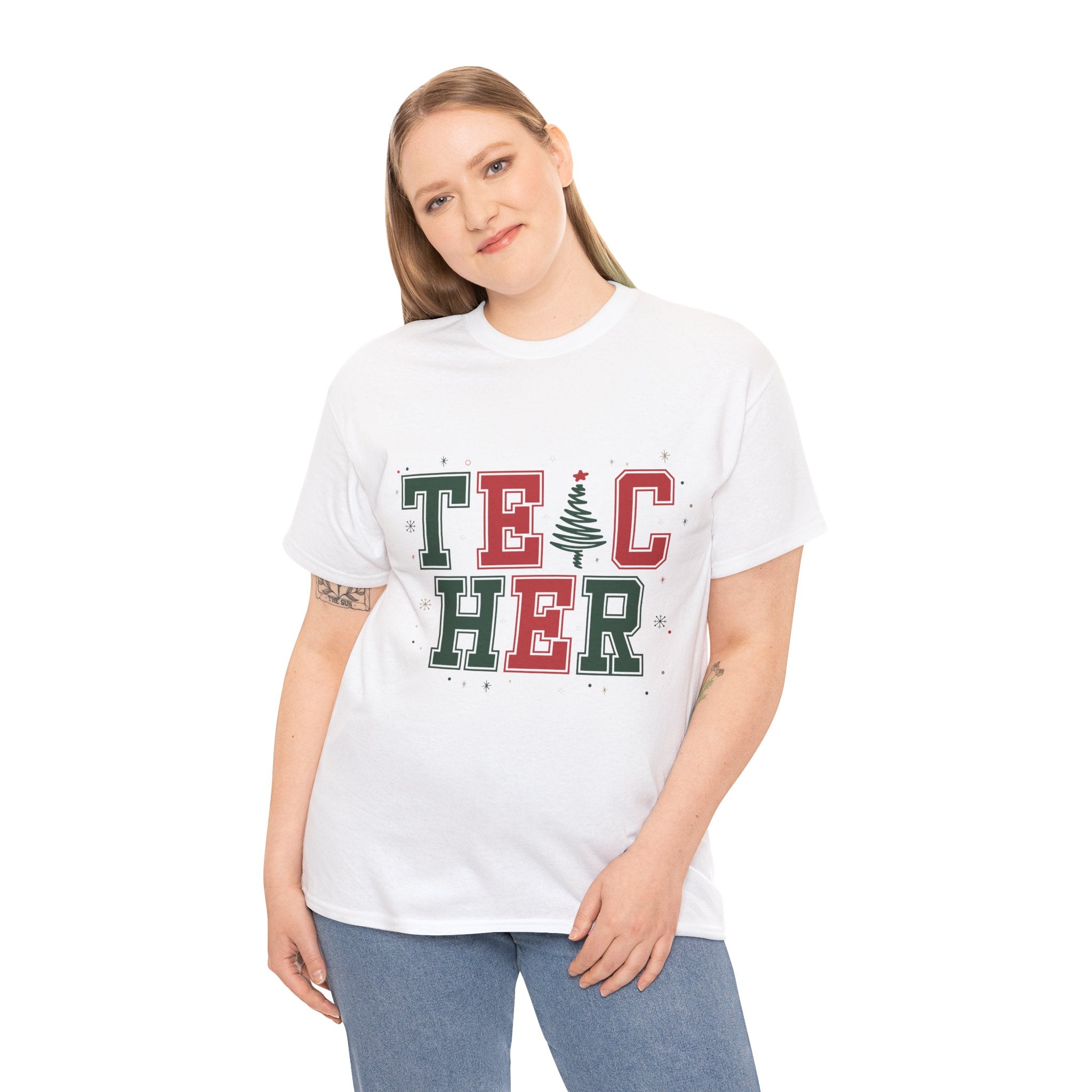 Teacher Christmas Varsity T-Shirt — Red & Green Holiday Unisex Cotton Tee