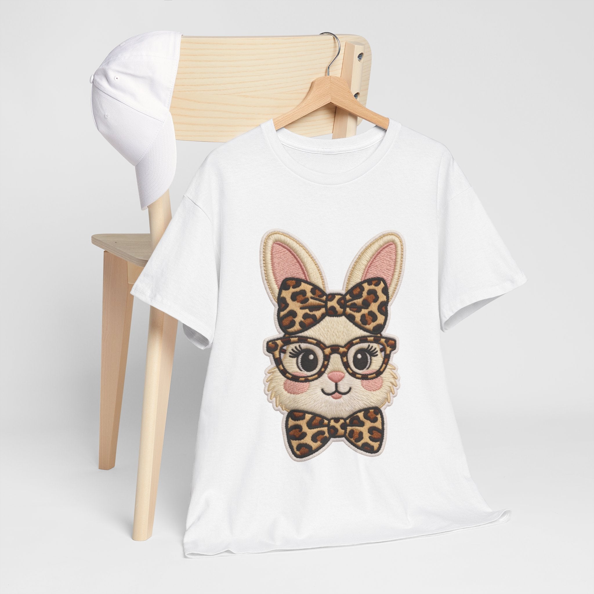 Leopard Bow Bunny Embroidered Tee — Cute Bunny Face with Glasses Patch Unisex Cotton Tee