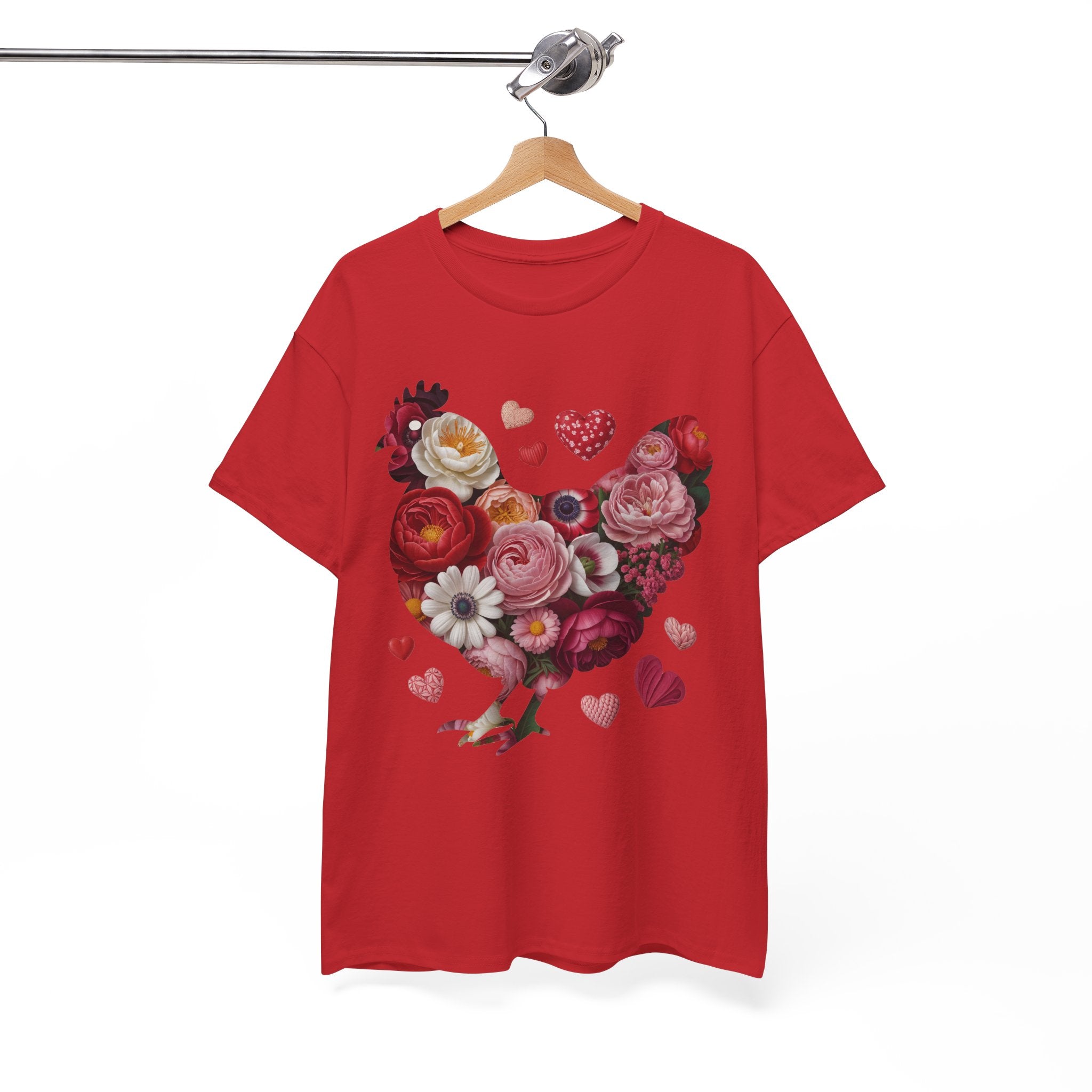 Floral Chicken Heart Tee — Red & Pink Flower Silhouette Unisex Cotton Tee