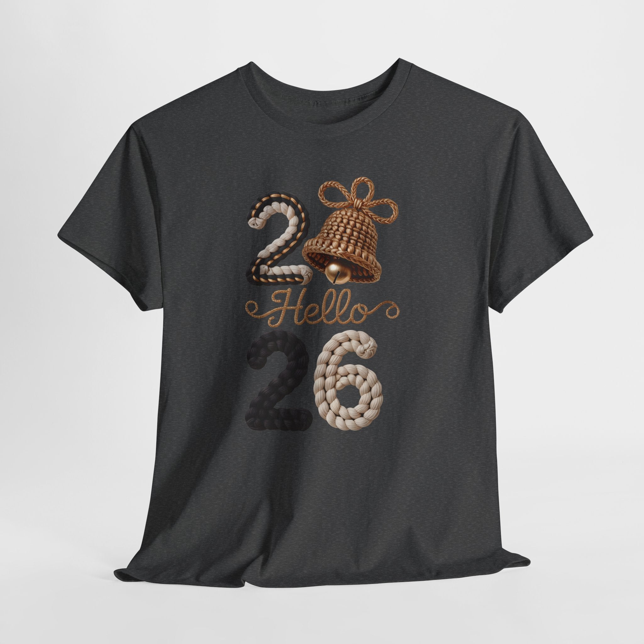 Hello 2026 Tee — Cozy Faux Yarn Braided Numbers with Woven Golden Bell..Unisex Cotton Tee